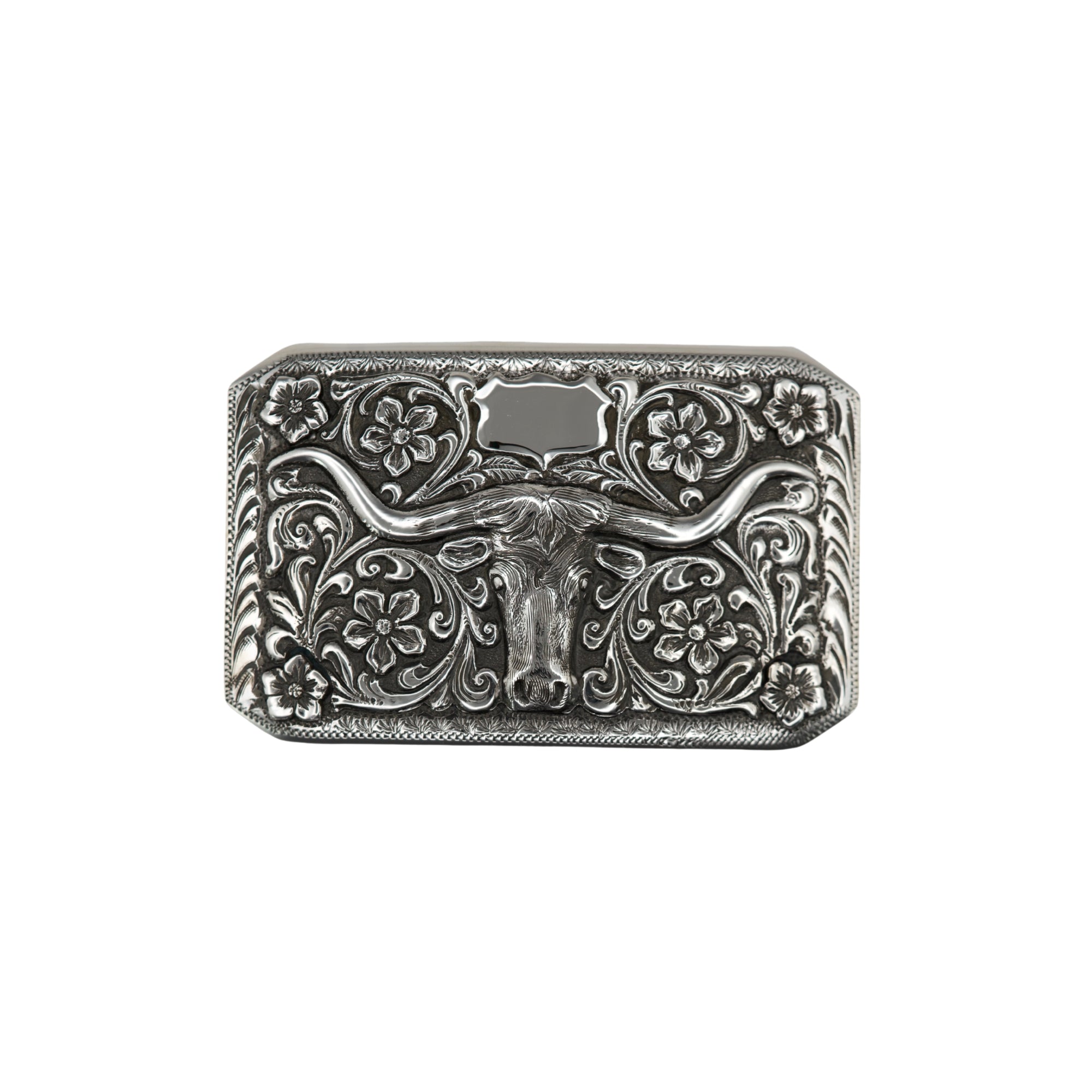 An ornate rectangular silver buckle featuring a raised longhorn design, floral scrollwork, and a blank central plaque, shown on a plain white background.