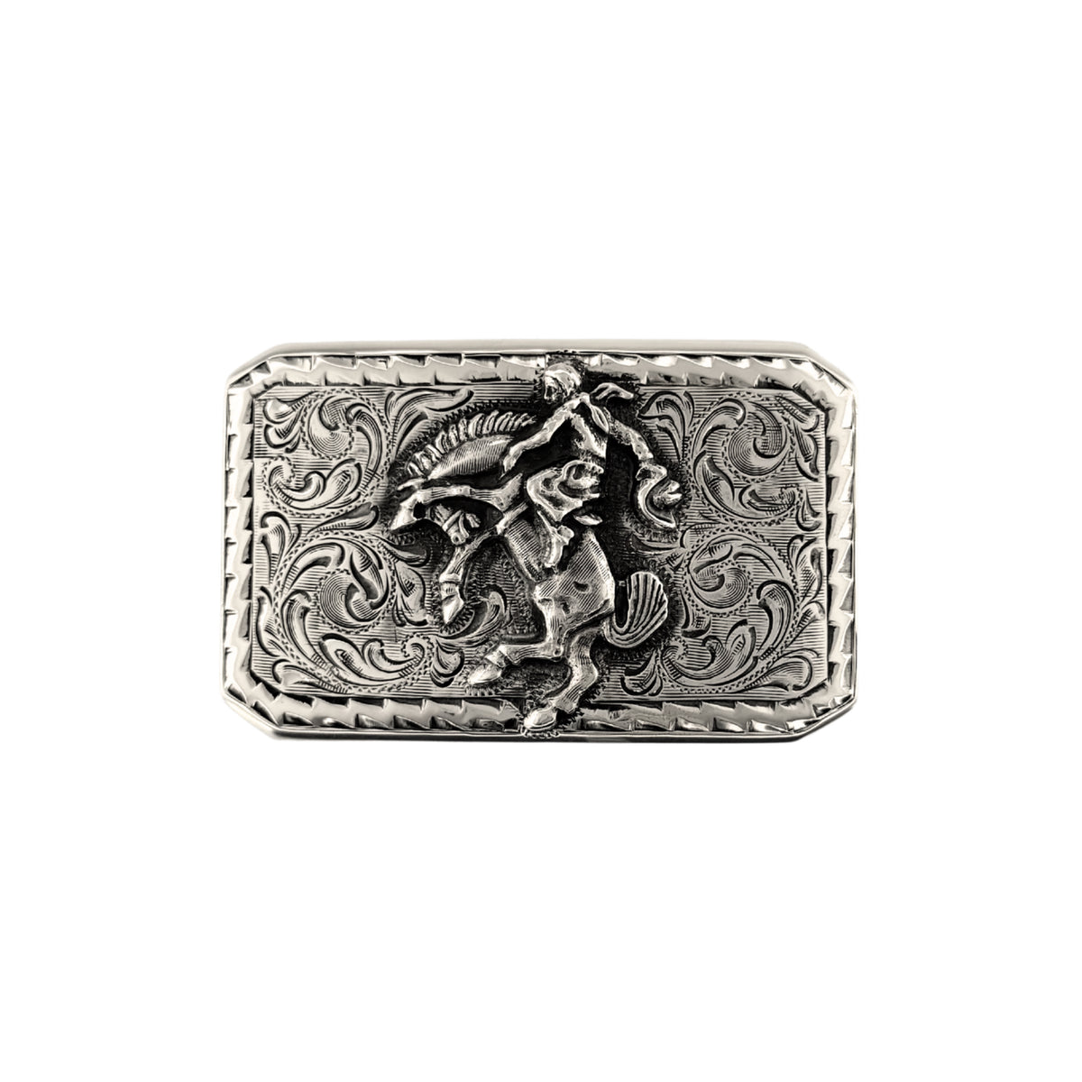 Bohlin 466 Bucking Horse sterling silver belt buckle featuring a raised bucking horse, traditional rodeo-style hand engraving, and a lightning edge border.