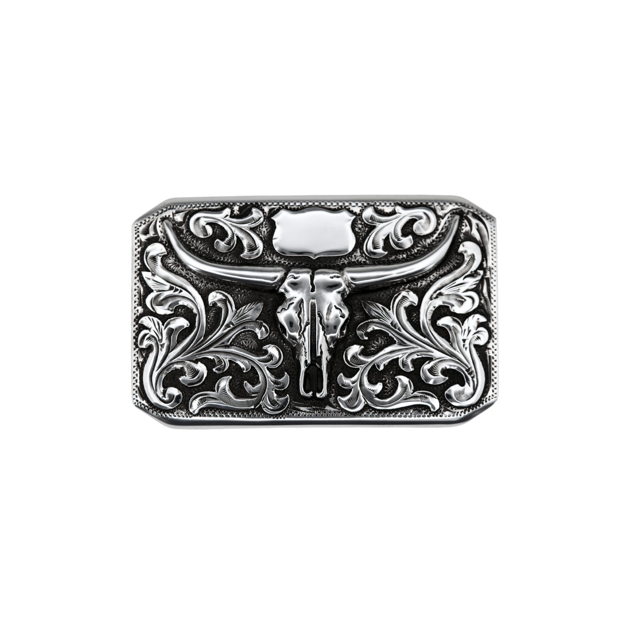 Rectangular buckle with overlaid Scrolls, shield, and Longhorn Skull. 