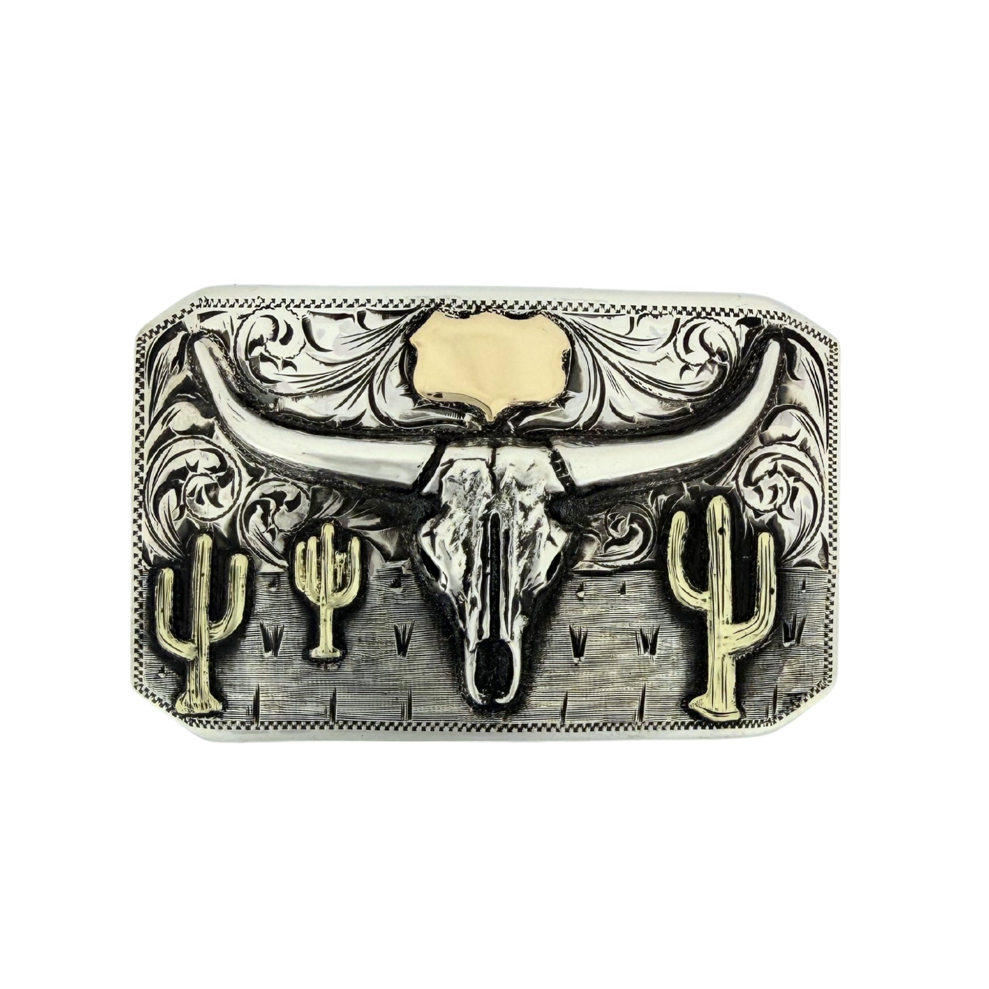 Belt buckle with silver bull skull and green gold cactus design on a silver background
