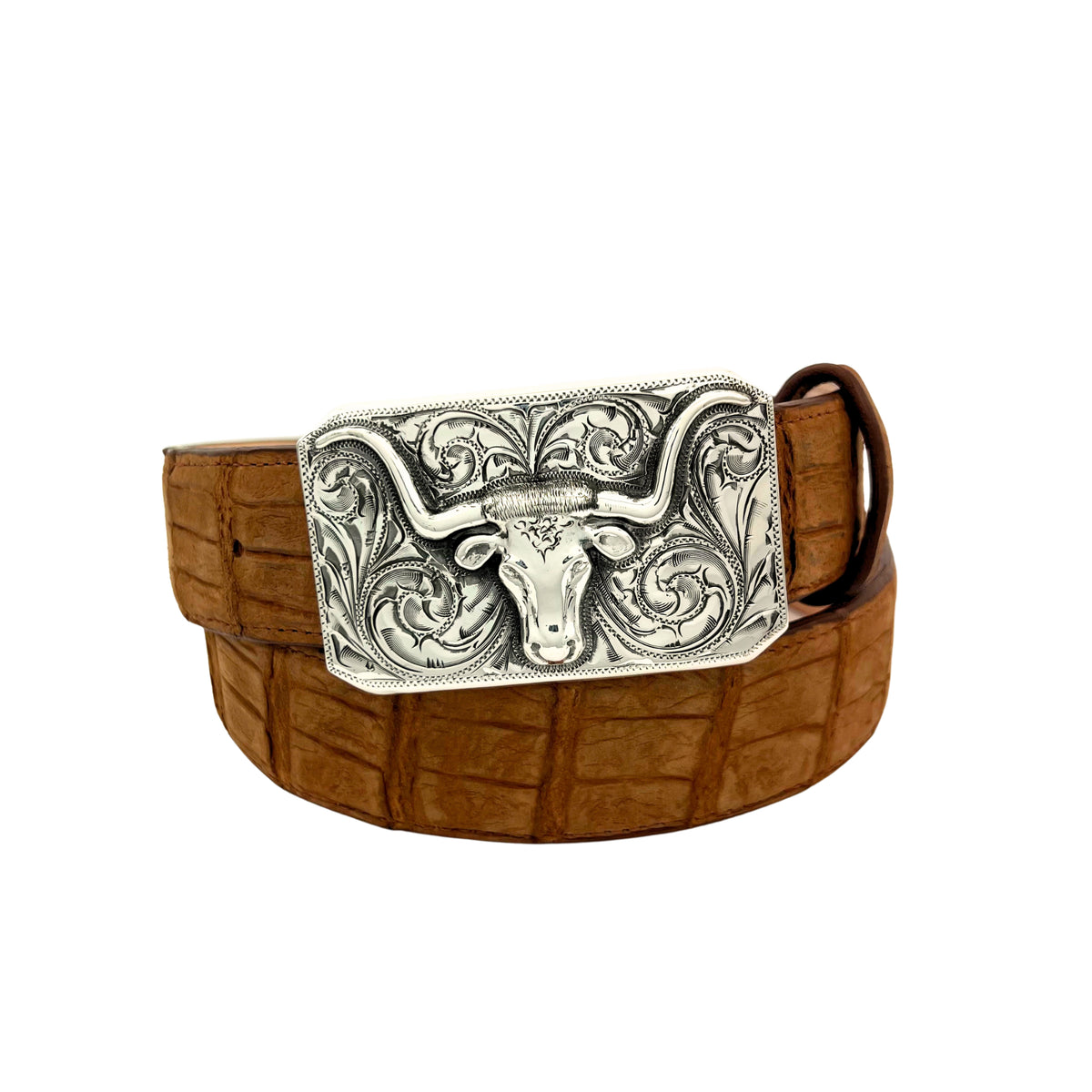 Bohlin 466 Steer sterling silver Longhorn belt buckle displayed on a brown exotic leather belt.