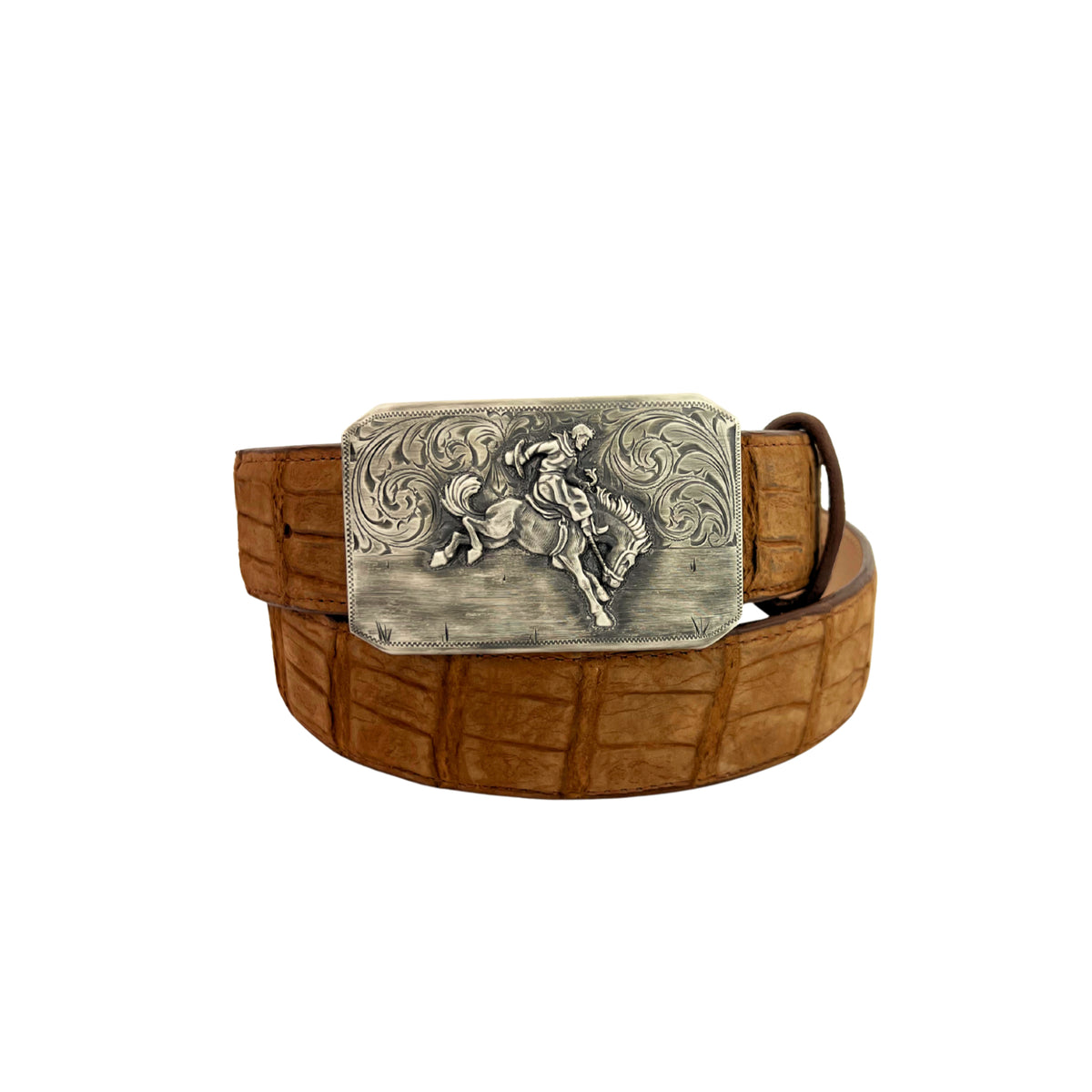 Bohlin 466 Bucking Down sterling silver belt buckle with patina finish displayed on a brown exotic leather belt.