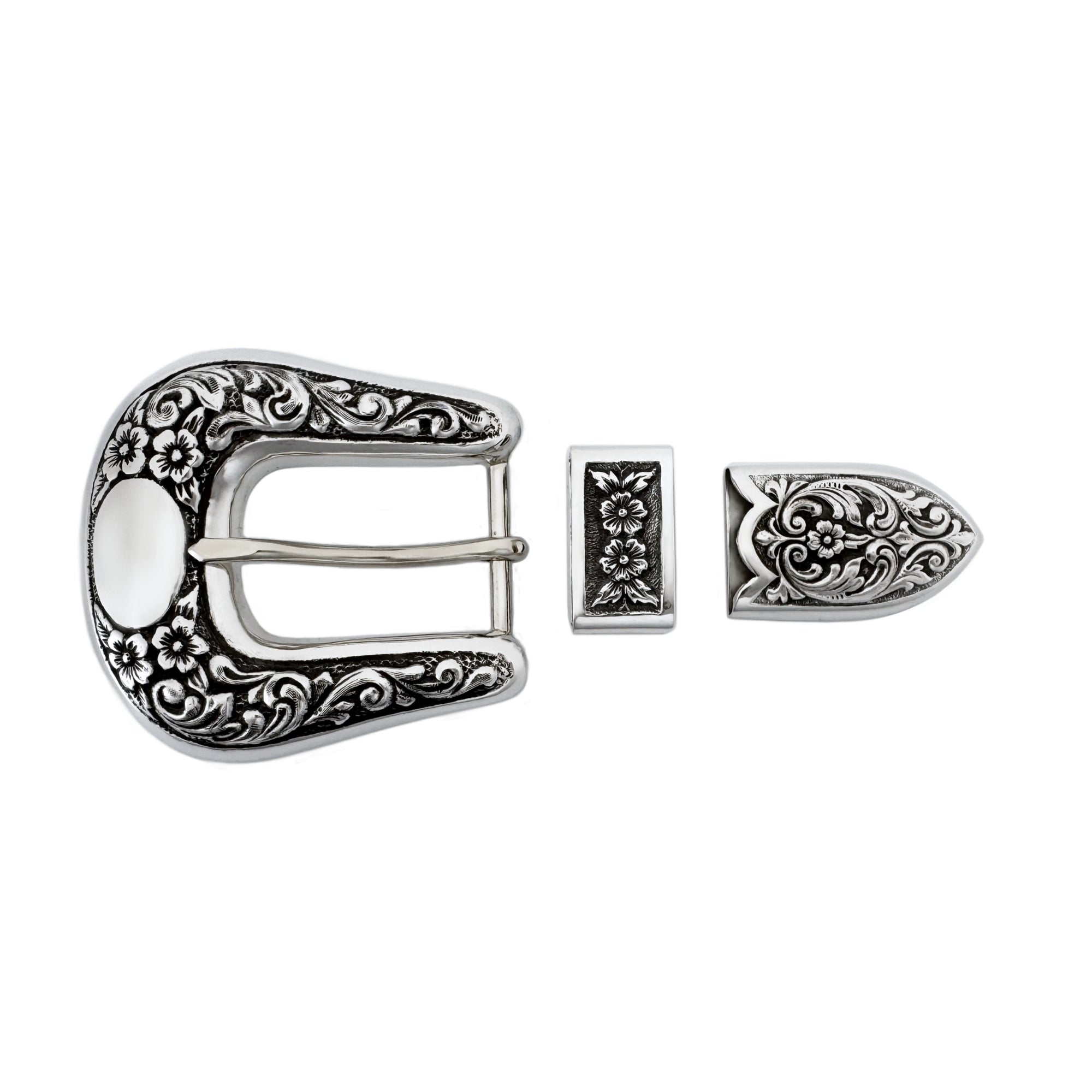 Die pressed flowers and scrolls 3 piece silver buckle set 