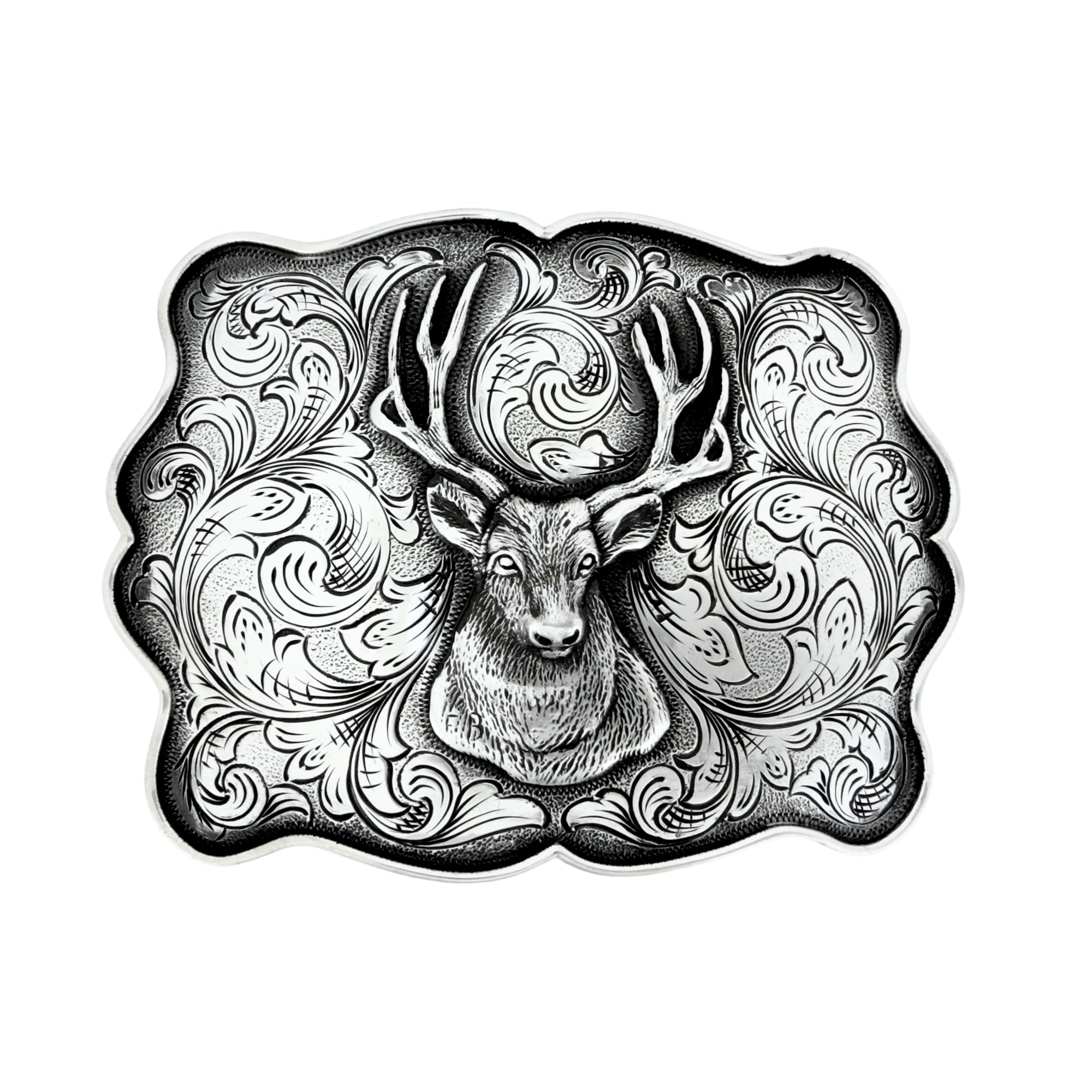 Silver buckle with hand engraved details and overlaid silver deer head
