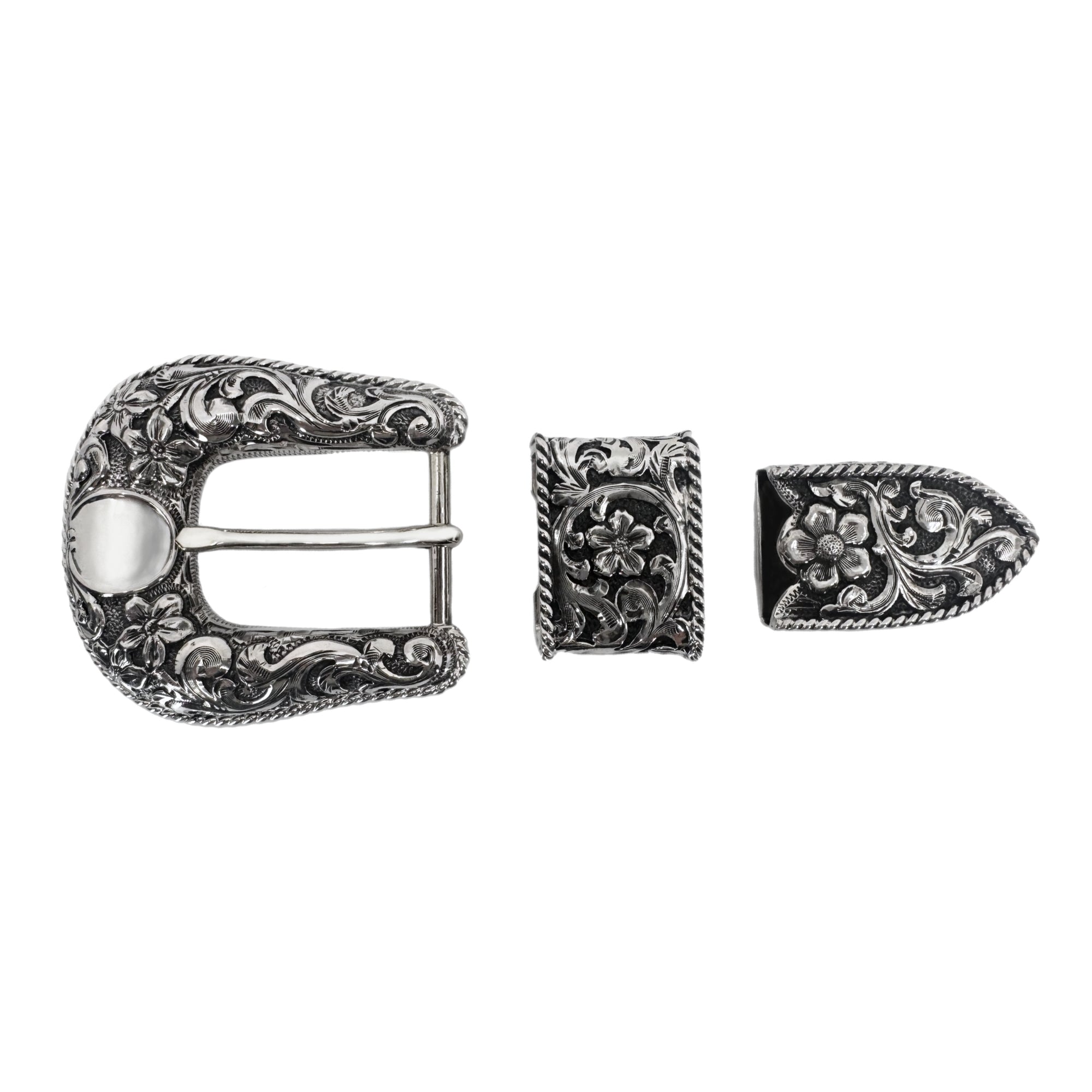 overlay scrolls and flowers with hand twisted rope edge 3 piece buckle set in all silver 