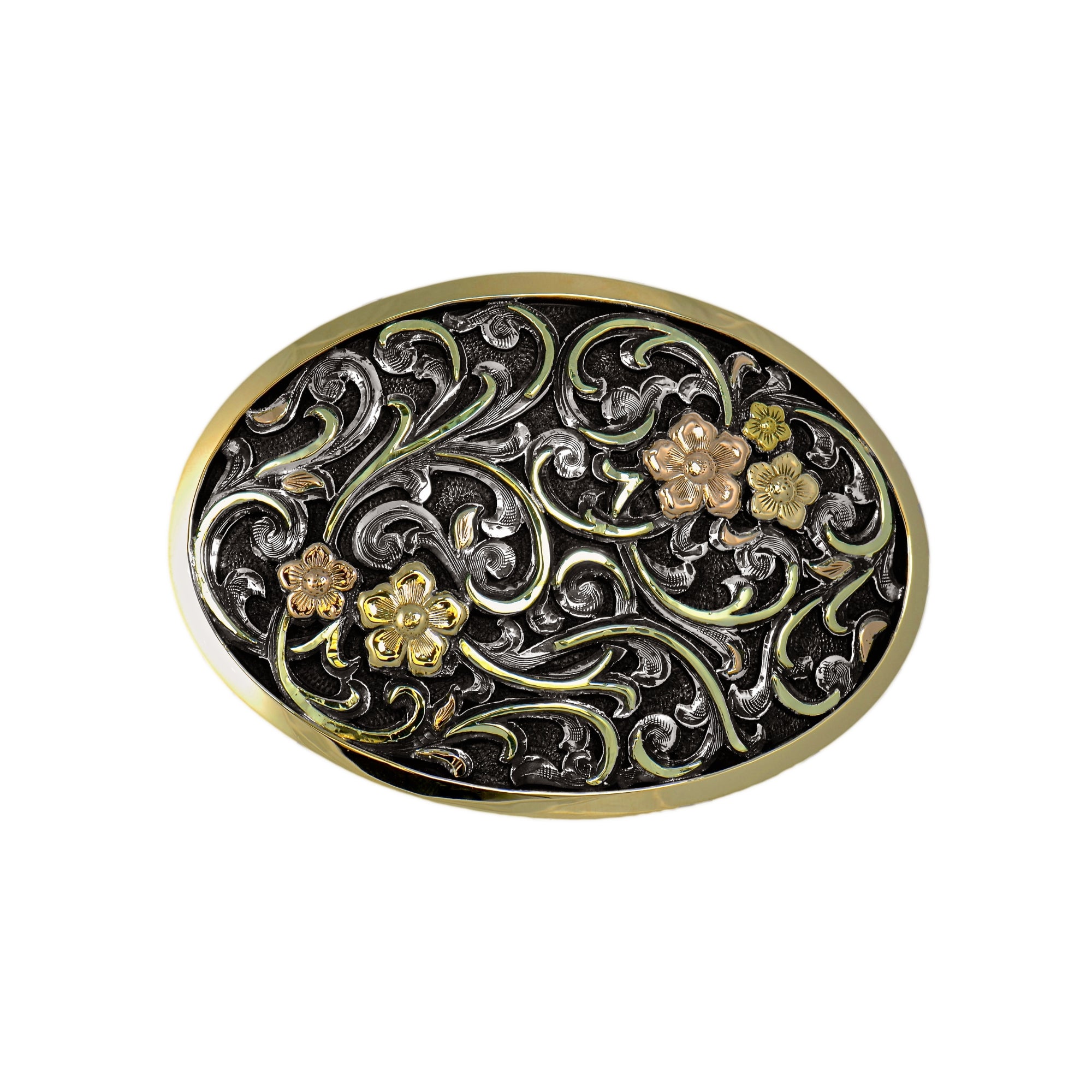 An oval belt buckle featuring an intricate filigree design with swirling scrollwork and floral motifs in gold, silver, and black tones, set against a plain white background.