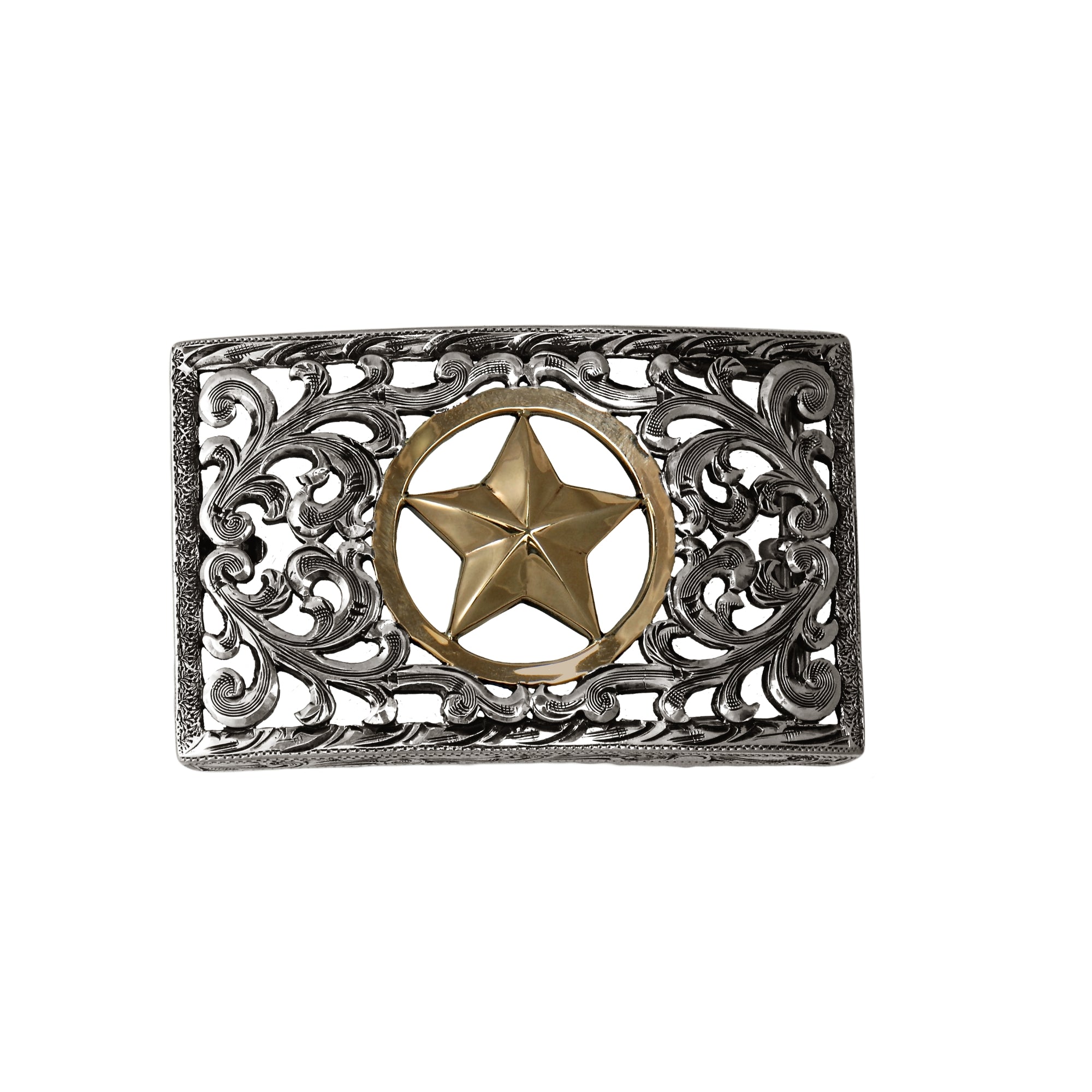 A rectangular silver-toned filigree belt buckle featuring an openwork scroll pattern and a central gold-toned circular medallion with a five-pointed star.