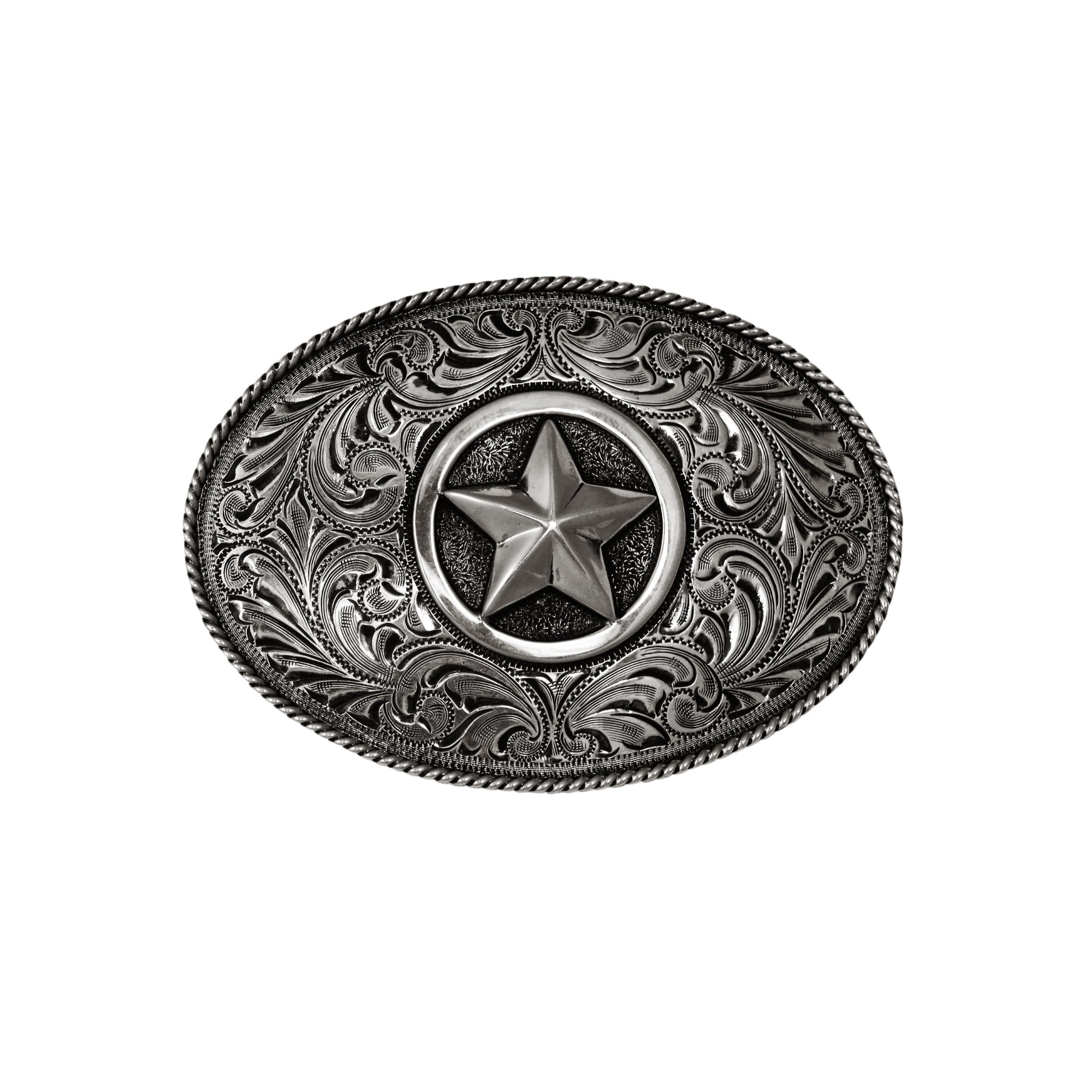 An oval silver-toned metal buckle with intricate floral engravings and a raised five-point star in the center, shown on a plain white background.