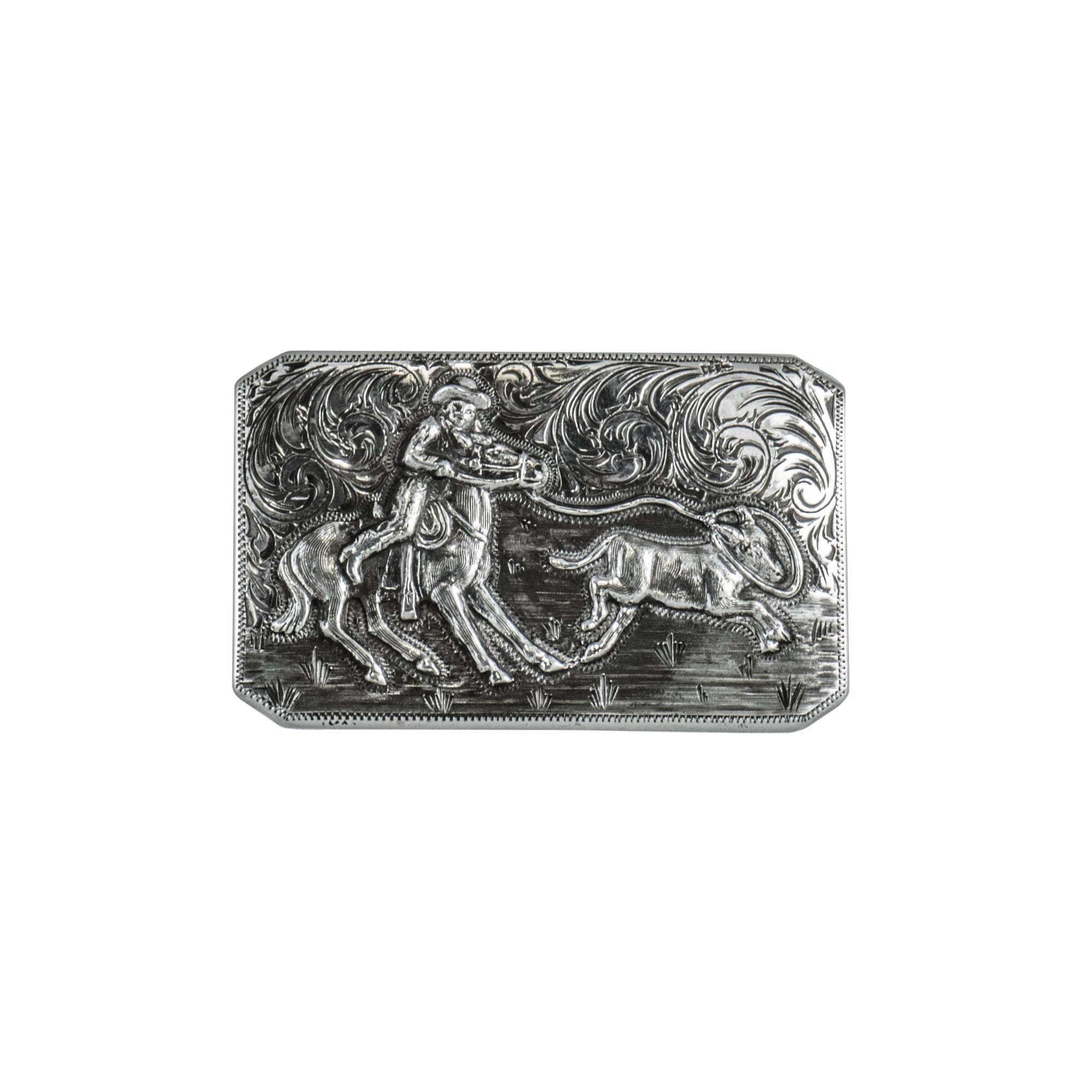 A rectangular silver-toned metal belt buckle featuring an embossed western scene of a cowboy on horseback chasing a steer, shown against a plain white background.