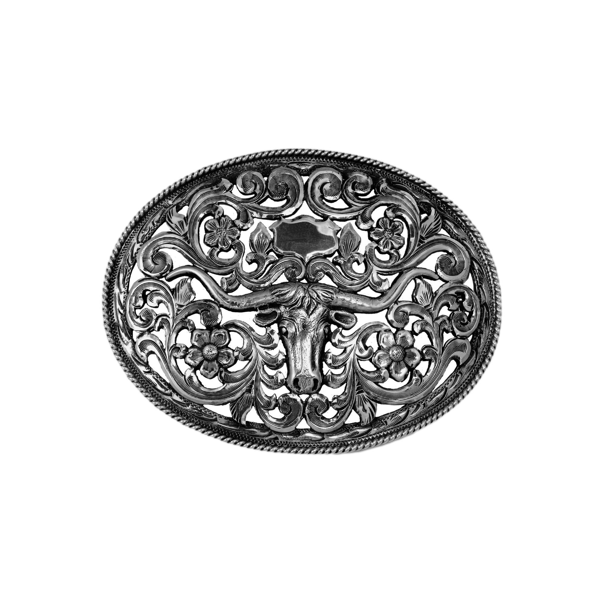 An oval silver-toned metal belt buckle featuring an intricate filigree design with a longhorn motif, floral scrollwork, and a twisted rope border, shown on a plain white background.
