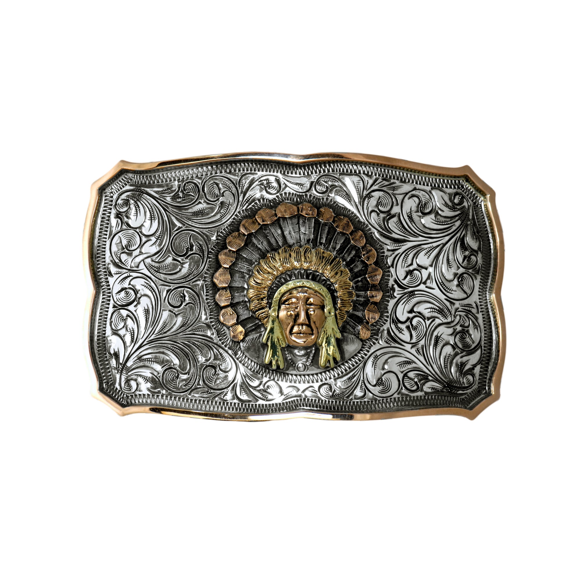 A rectangular silver belt buckle with  engraved scrollwork and a central raised portrait of a Chief Red Wolf wearing his feathered headdress, finished in gold and silver tones.