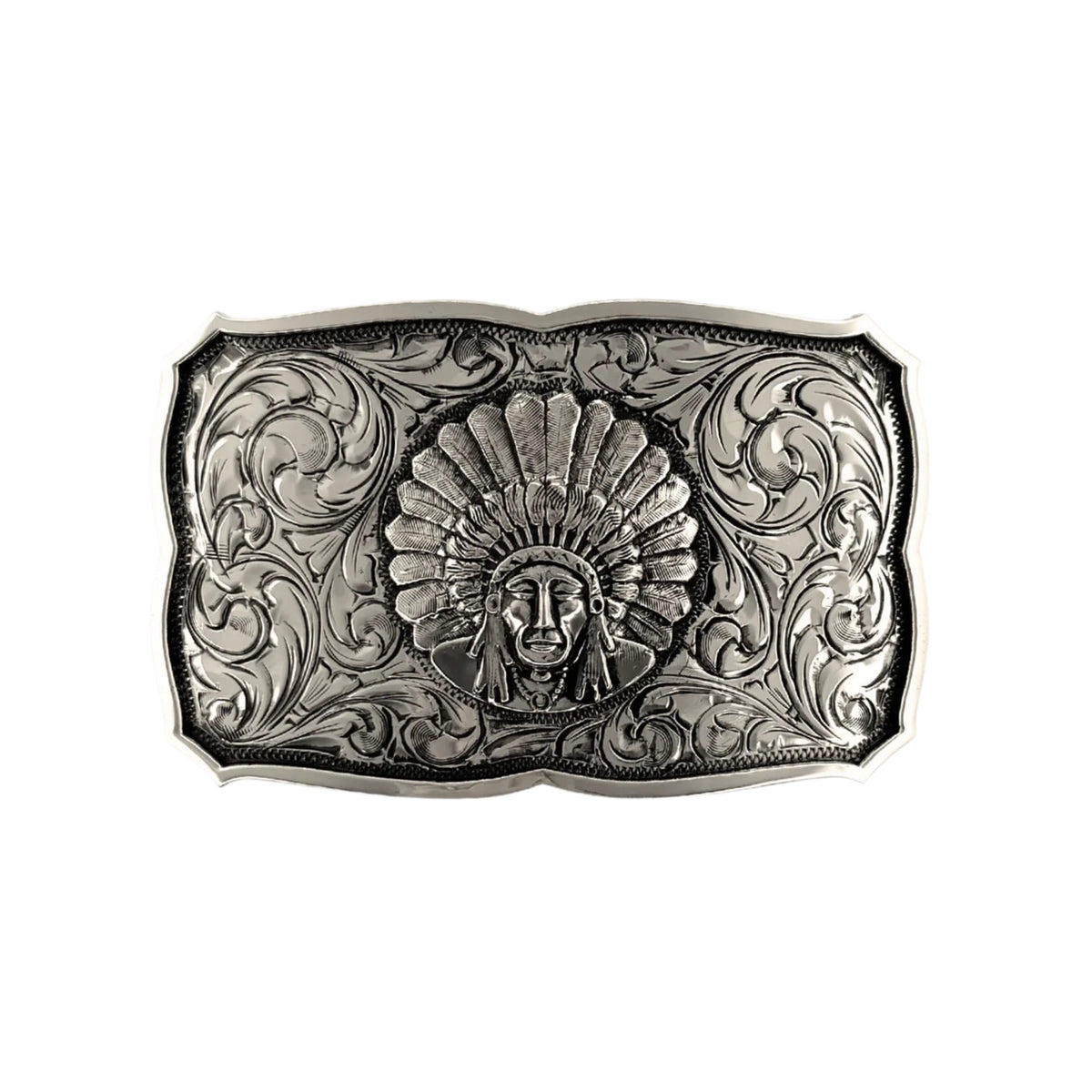 Bohlin 766 Chief Red Wolf sterling silver belt buckle featuring a raised silver portrait, traditional hand-engraved Western scrollwork, and a raised silver border.