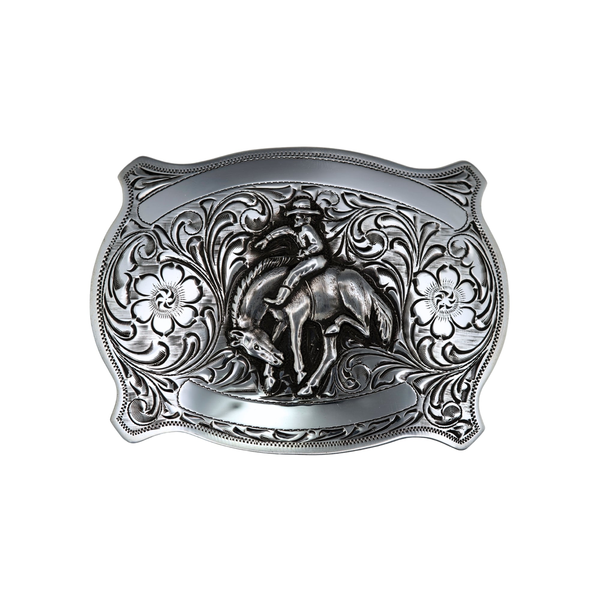 Scalloped Trophy buckle with crowhopper rider in the middle with engraving. the buckle is all silver 