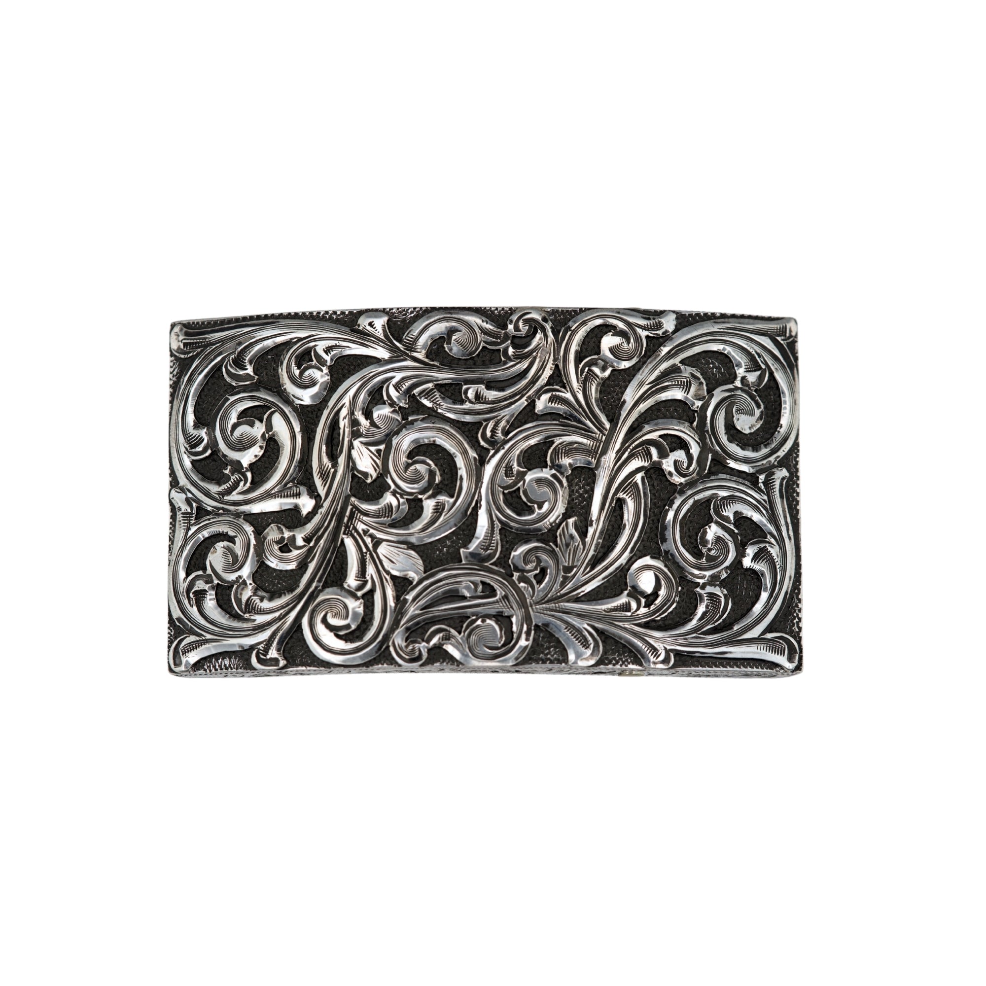 rectangular silver belt buckle with filigree silver scrolls 
