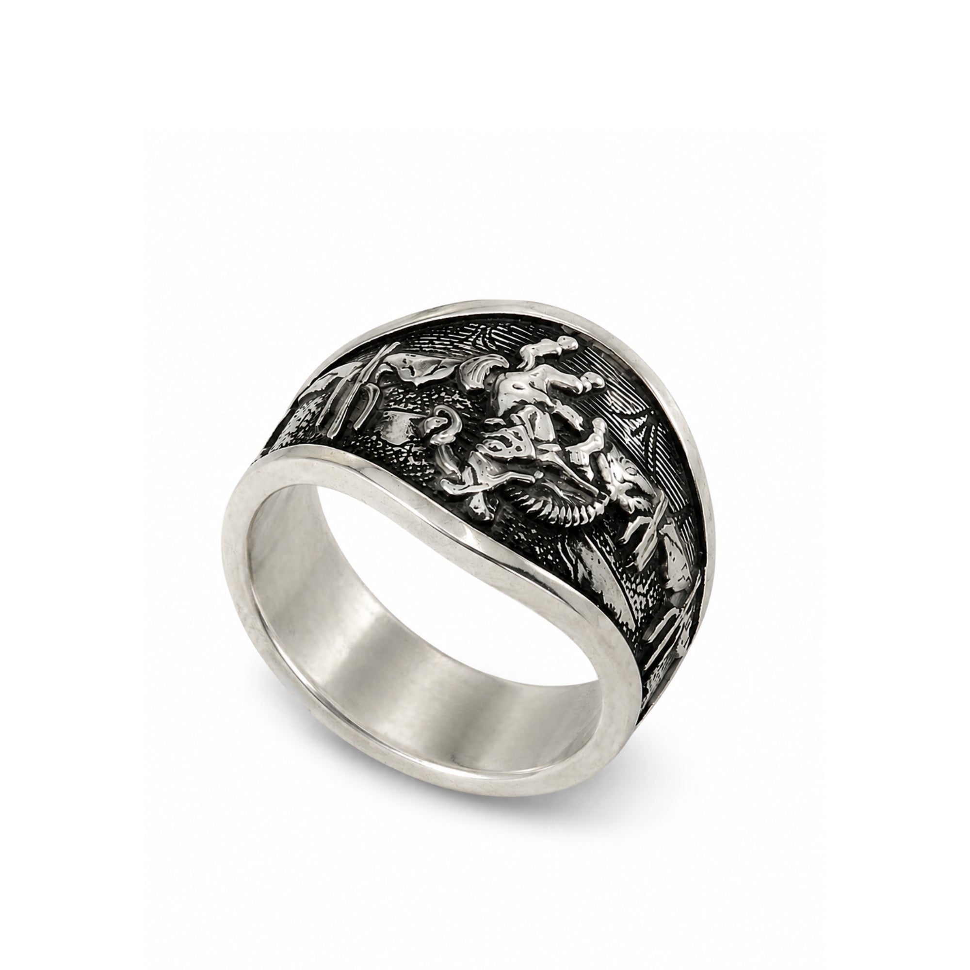 A silver-toned ring featuring an embossed relief design of a knight in armor on a white background.