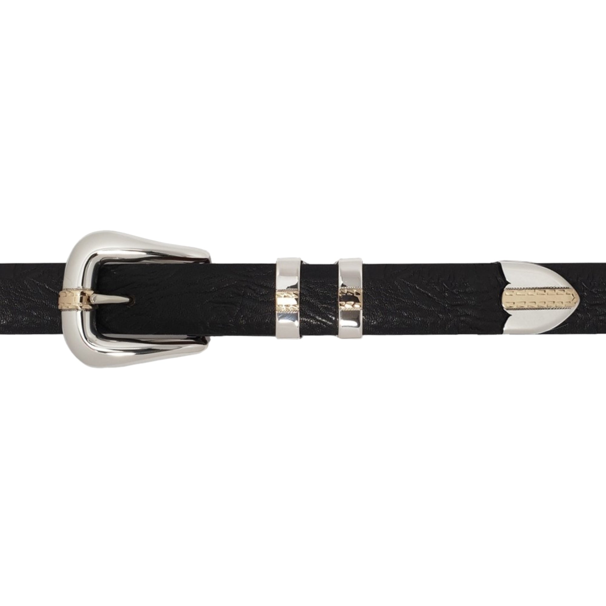 A close-up of a black textured leather belt with a high-polished sterling silver buckle accented by a single 14kt Yellow Gold stripe with a hand-engraved lightning edge.