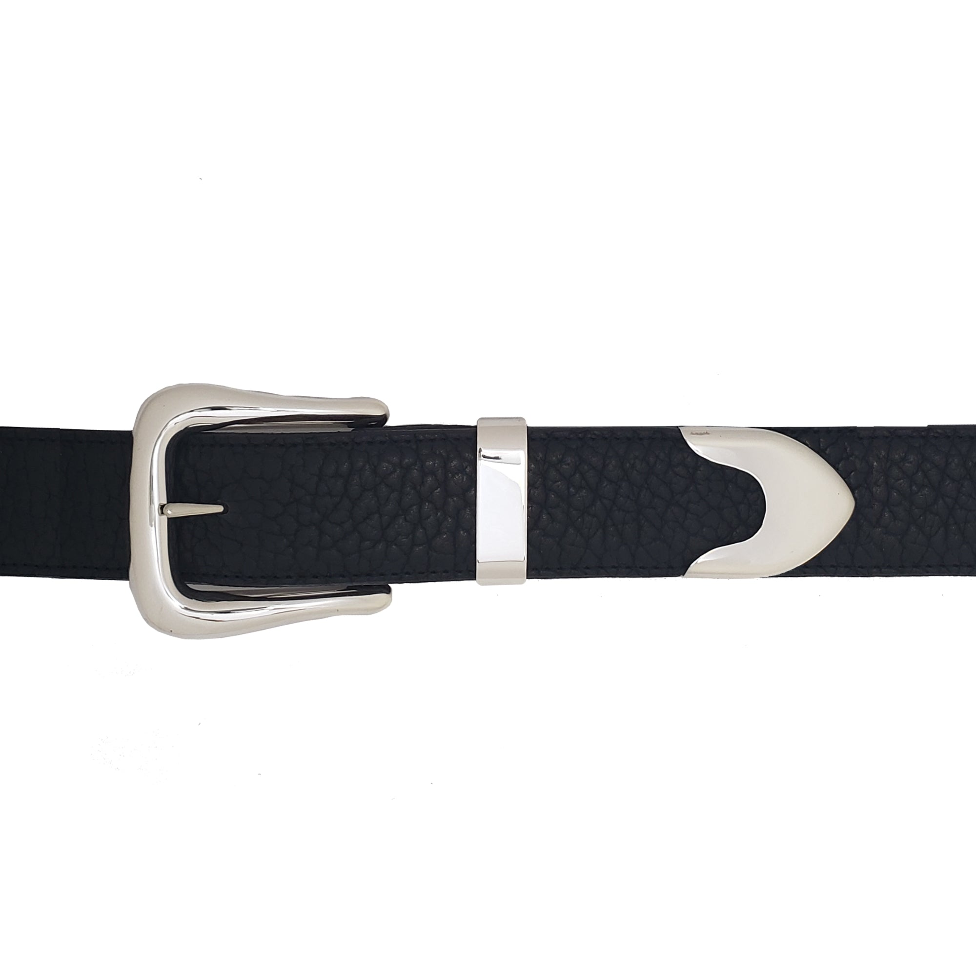 Close up of a high polished 3 piece buckle set on a textured black belt. 