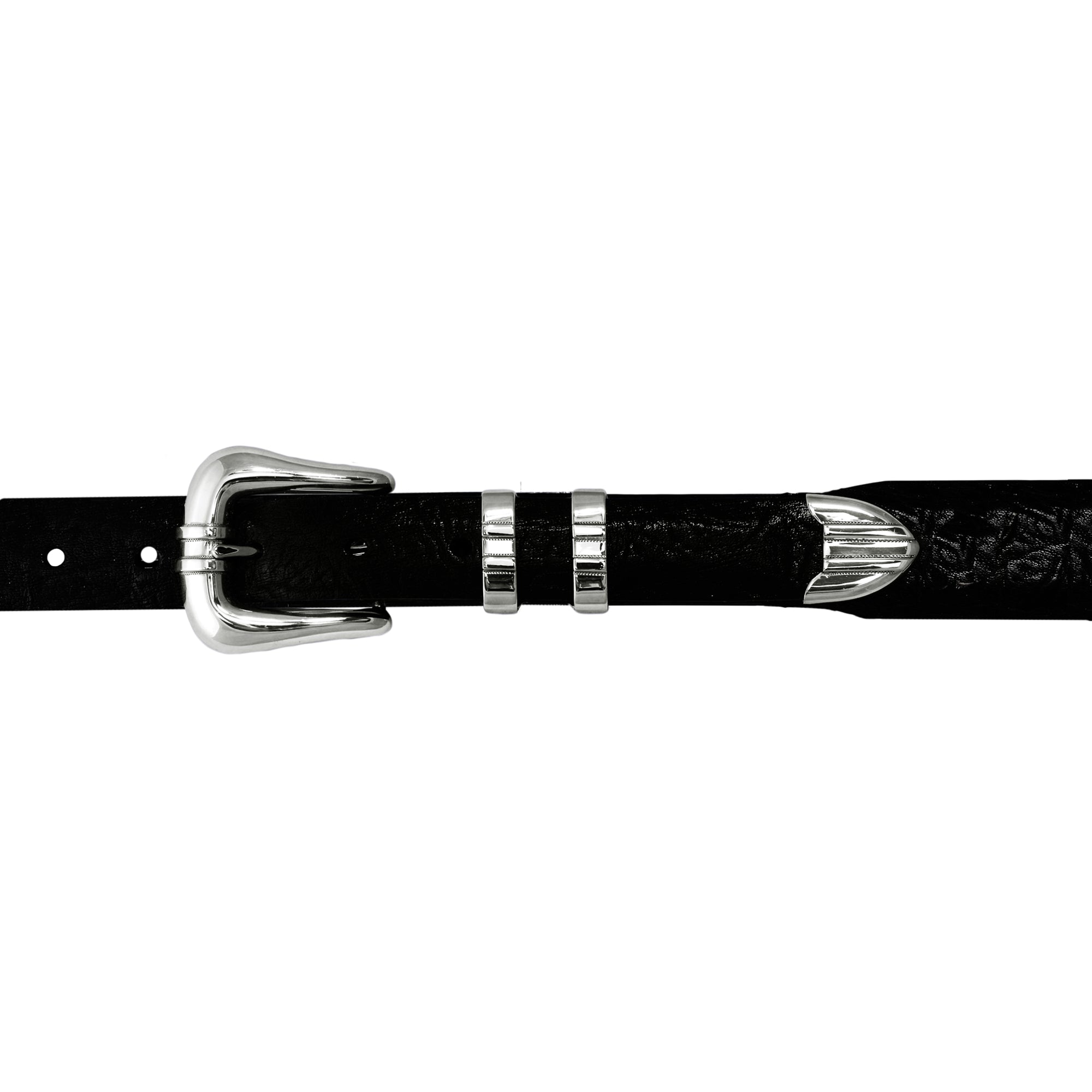 A close-up of a black textured leather belt with two parallel overlaid sterling silver stripes set against a high-polished sterling silver buckle for a balanced, understated design.