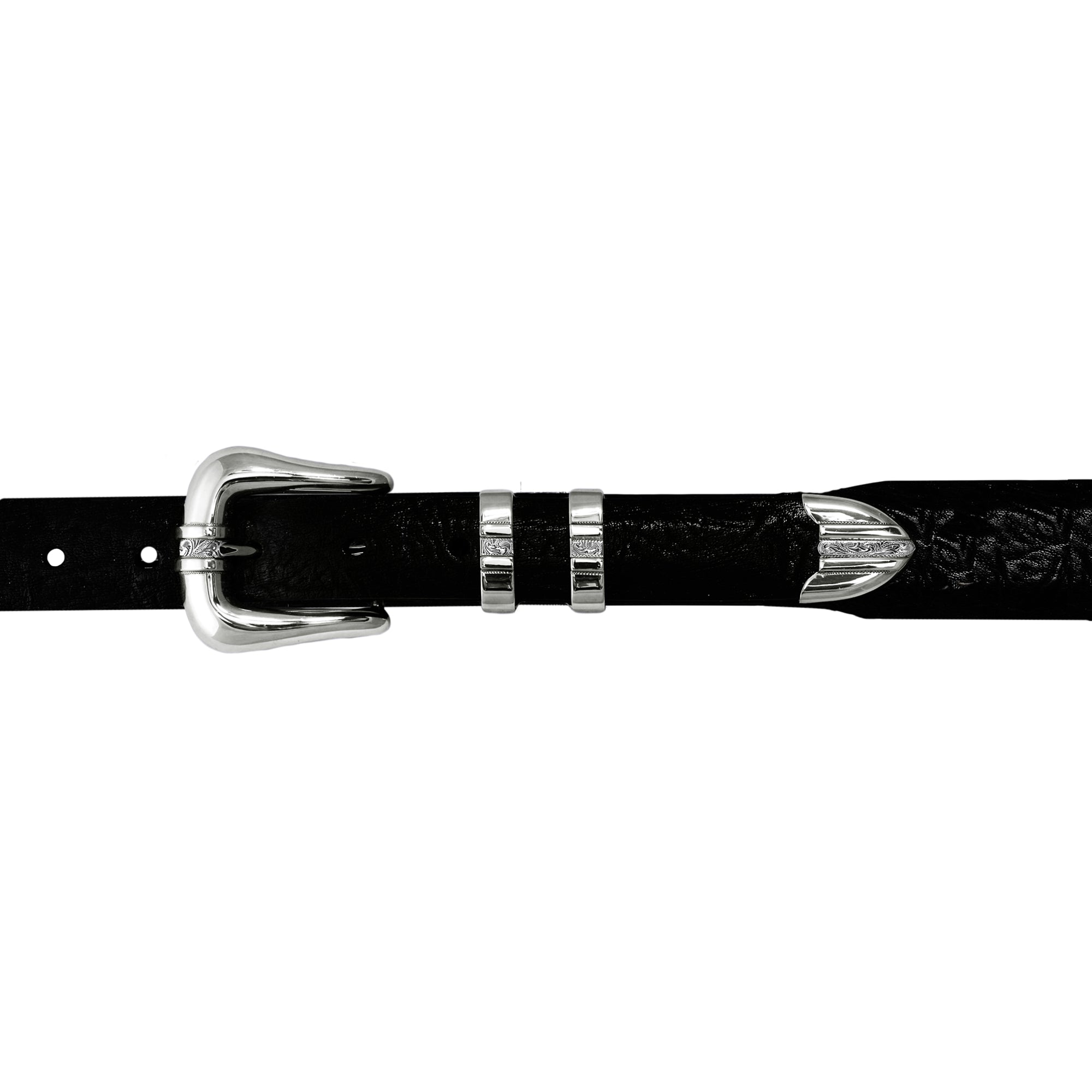 A close-up of a black textured leather belt with dual overlaid sterling silver stripes with a traditionally rodeo-engraved center.