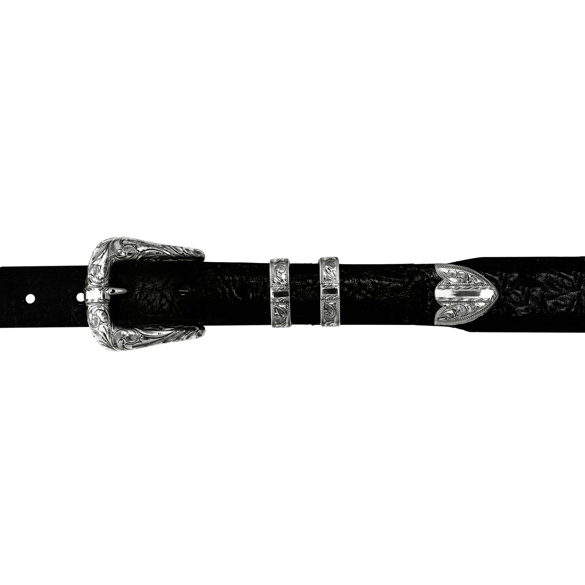 A close-up of a black textured leather belt with a hand-engraved buckle accented by a single high-polished sterling silver stripe finished with a hand-engraved lightning edge.