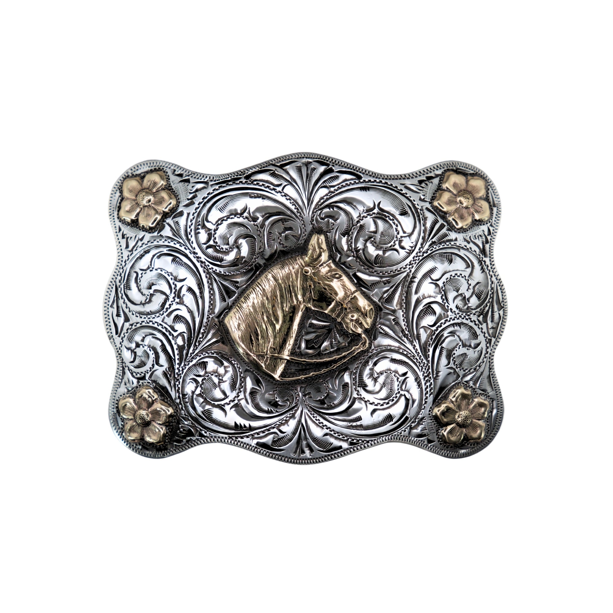 Horse Head with 4 gold flowers on hand engraved sterling silver buckle 
