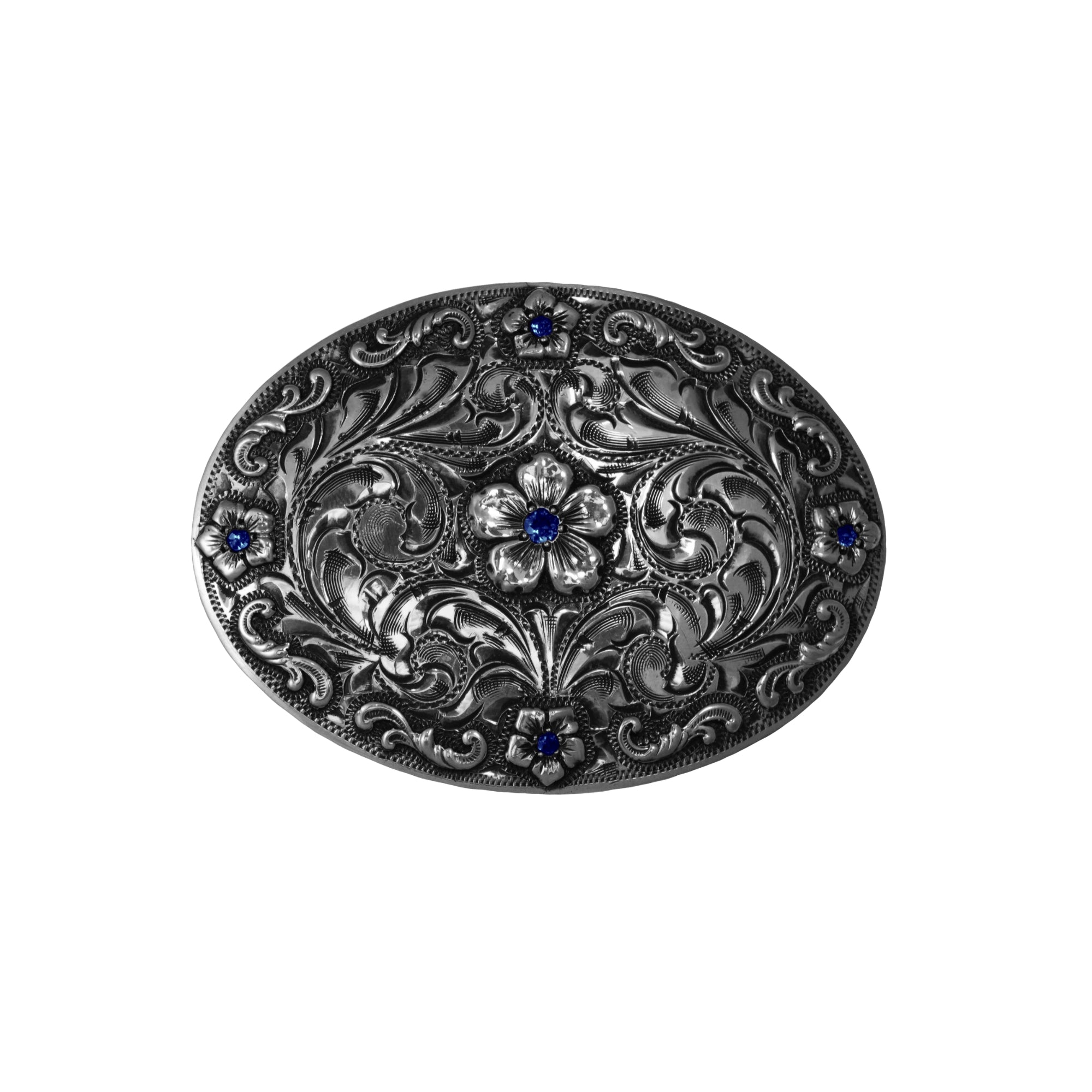 An oval silver belt buckle featuring intricate floral and scrollwork engravings, accented with sapphires shown on a plain white background.