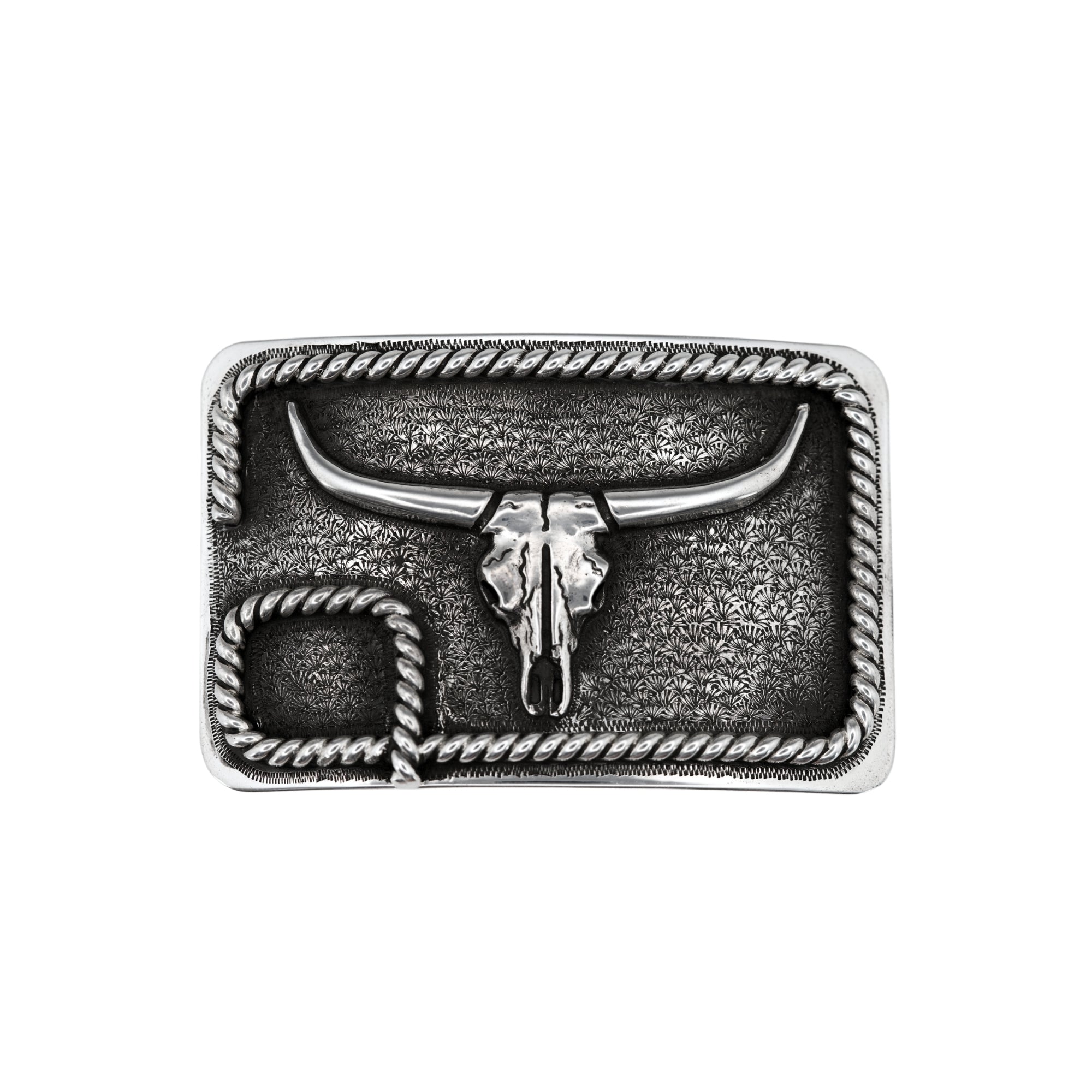 Longhorn Skull in silver on a rectangular buckle with a hand twisted rope edge 