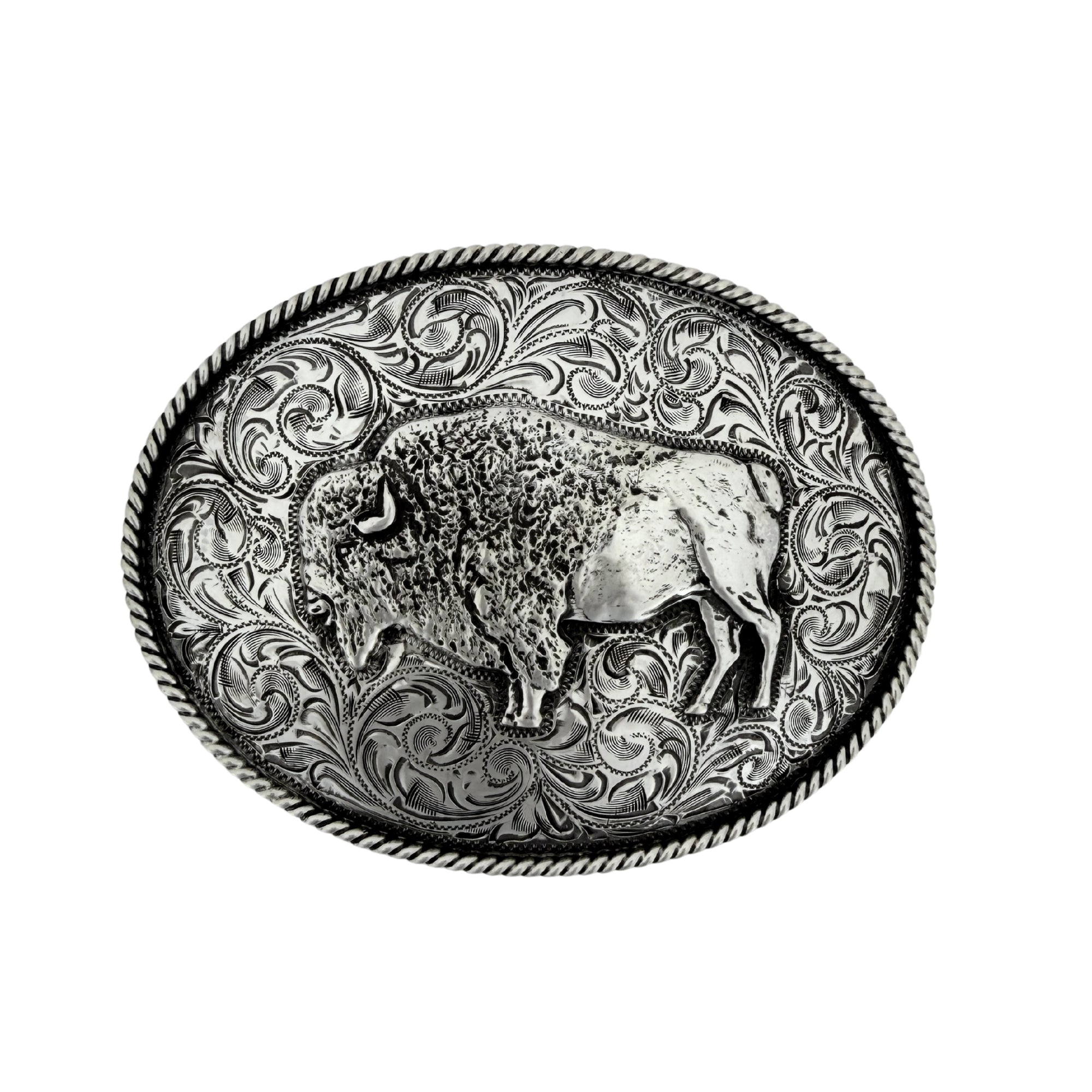 Oval sterling silver belt buckle with an overlaid buffalo. The background is hand engraved with a hand twisted silver rope edge. 