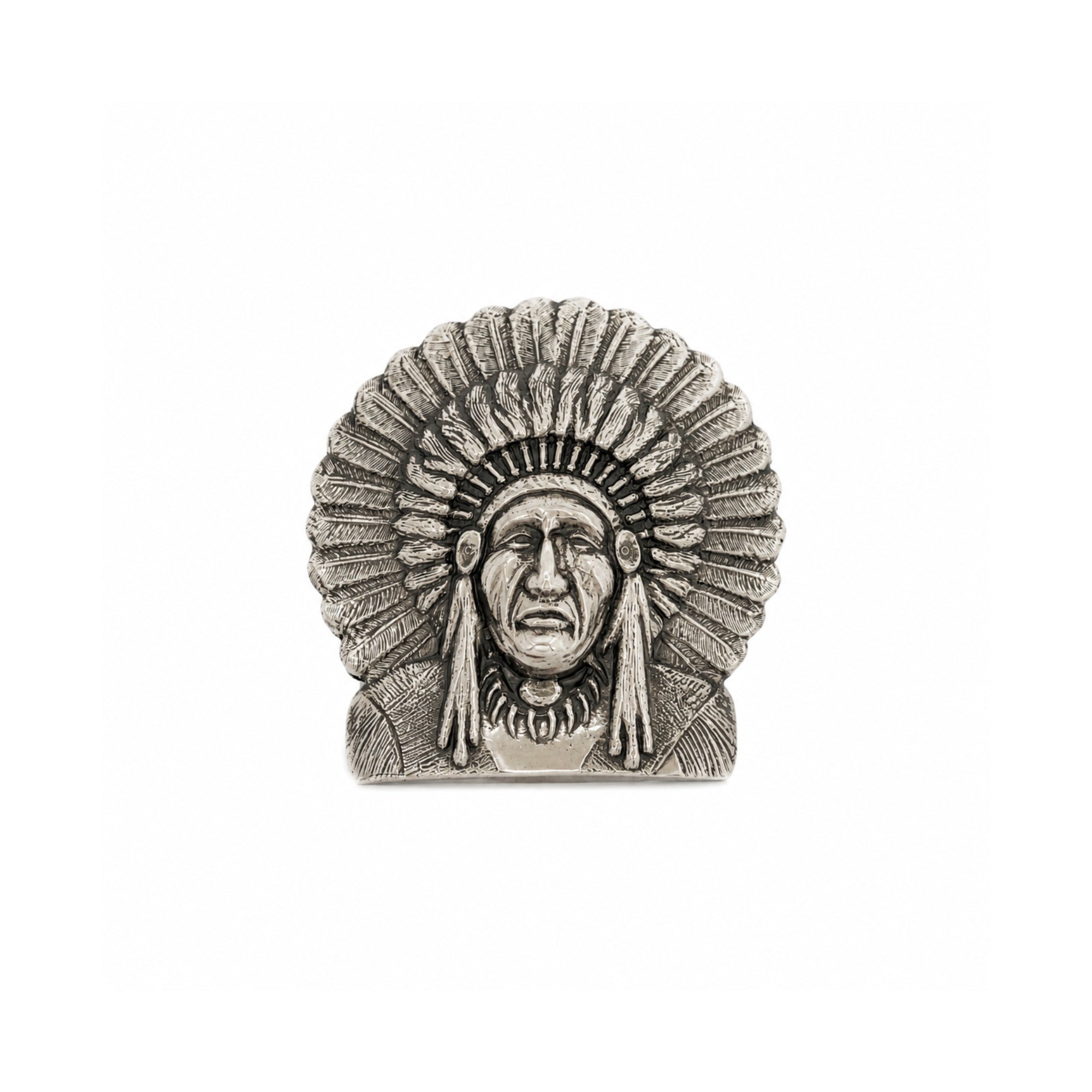 A silver Trophy Buckle depicting Chief Red Wolf with a detailed feathered headdress, centered on a plain white background.