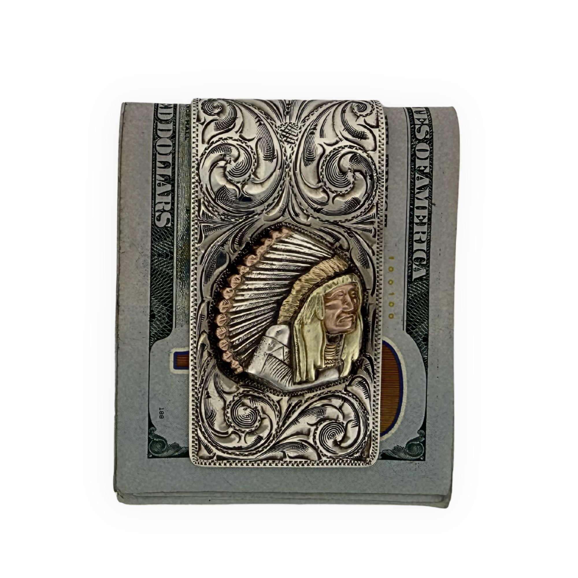 Decorative money clip with Native American design on a dollar bill