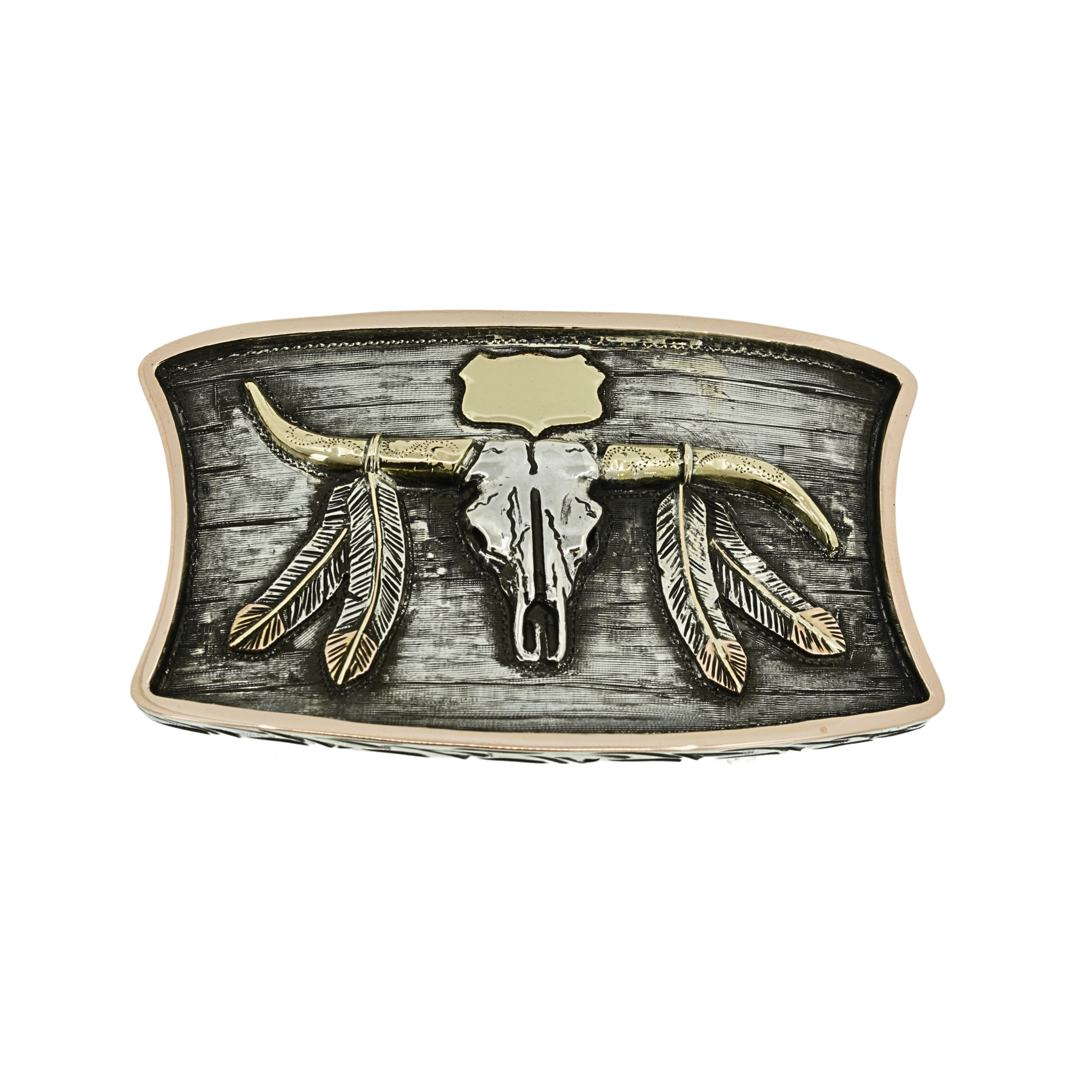 Belt buckle with bull skull and feathers design on a white background