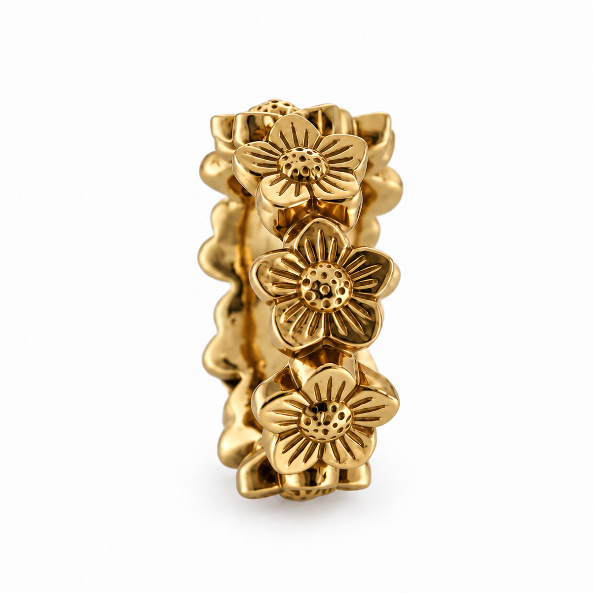 Side view of Bohlin 14kt yellow gold Flower Crown Ring showing flowers around the full band