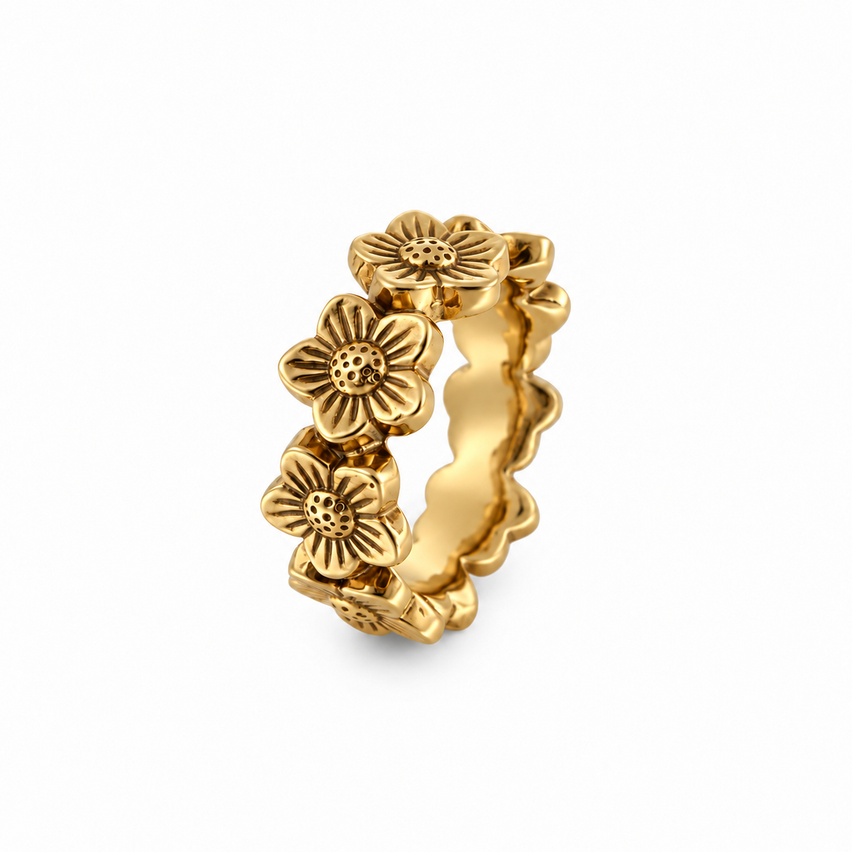 Bohlin Flower Crown Ring in solid 14kt yellow gold with repeating forget-me-not flower design