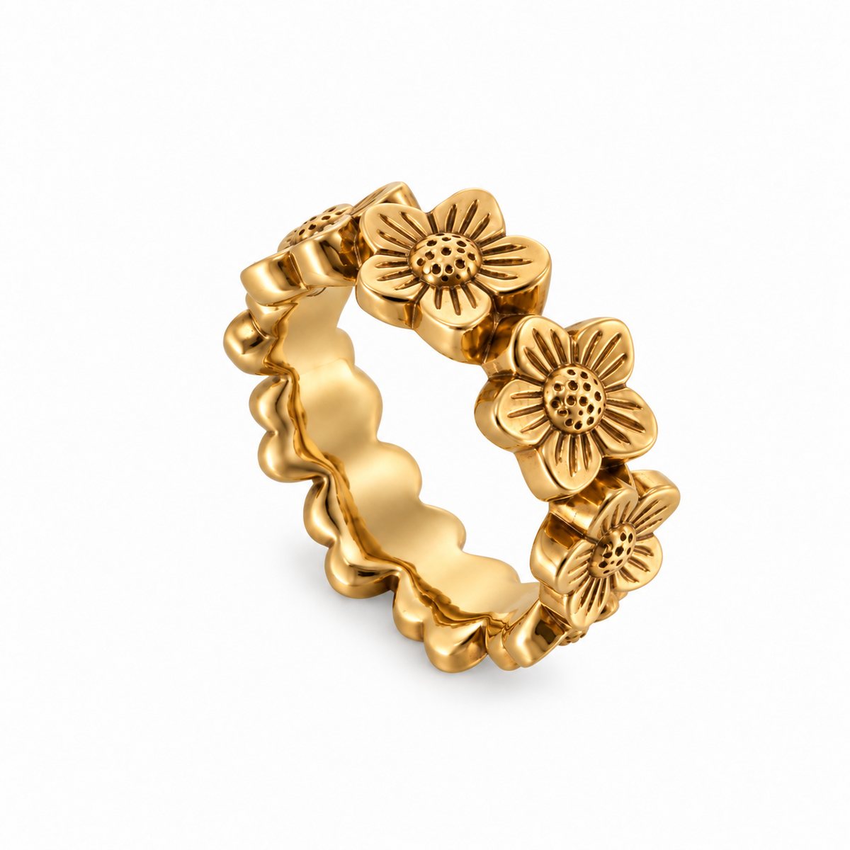 Three-quarter view of Bohlin 14kt yellow gold Flower Crown Ring showing continuous floral design