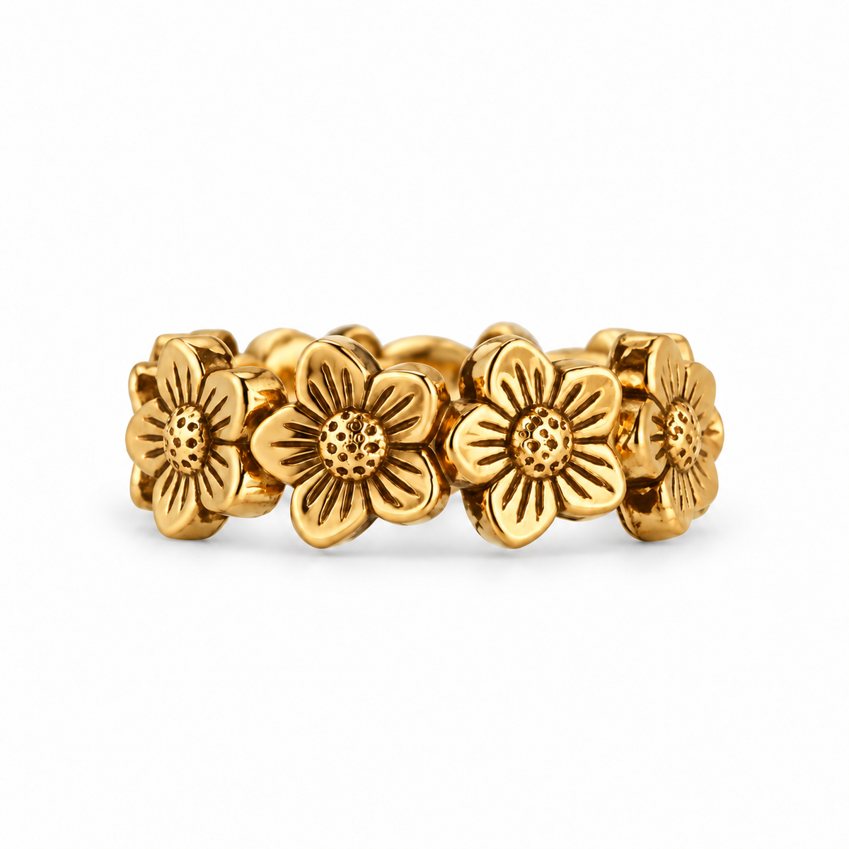 Front detail of Bohlin Flower Crown Ring in solid 14kt yellow gold with repeating raised flowers