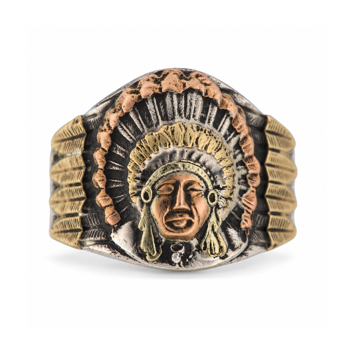 Front view of Bohlin Chief Red Wolf sterling silver ring with 14kt yellow, rose and green gold overlays and three rows of gold feather tips