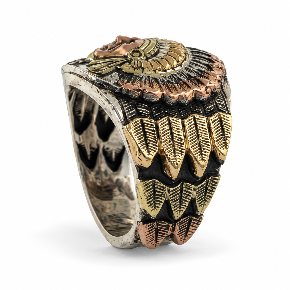Side View of Bohlin Chief Red Wolf sterling silver ring with 14kt yellow, rose and green gold overlays and three rows of gold feather tips