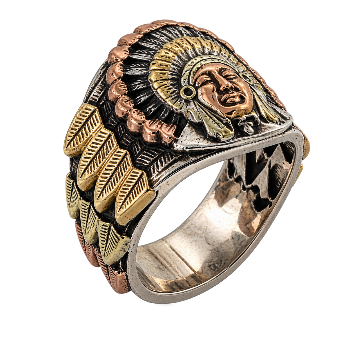 three quarter view of Bohlin Chief Red Wolf sterling silver ring with 14kt yellow, rose and green gold overlays and three rows of gold feather tips