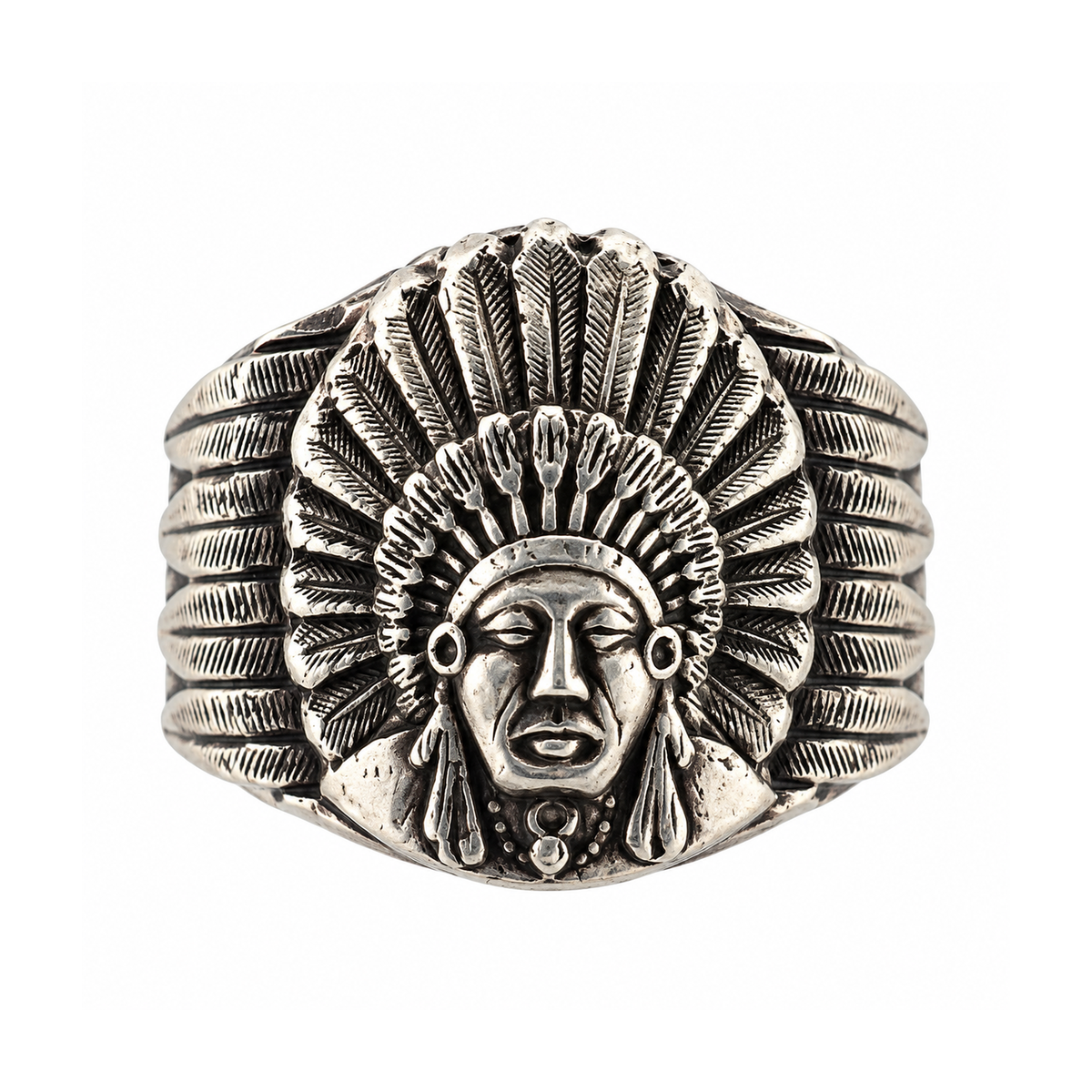 Bohlin Chief Red Wolf Ring handcrafted in sterling silver with antiqued feather and headdress details.