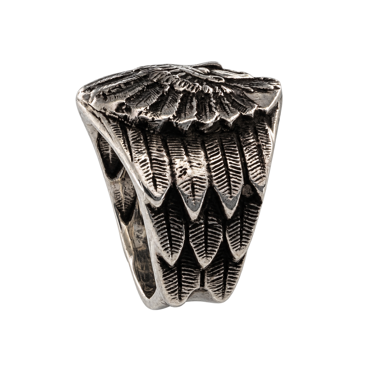 Side view of the Bohlin Chief Red Wolf Ring in sterling silver showing three rows of detailed feather tips