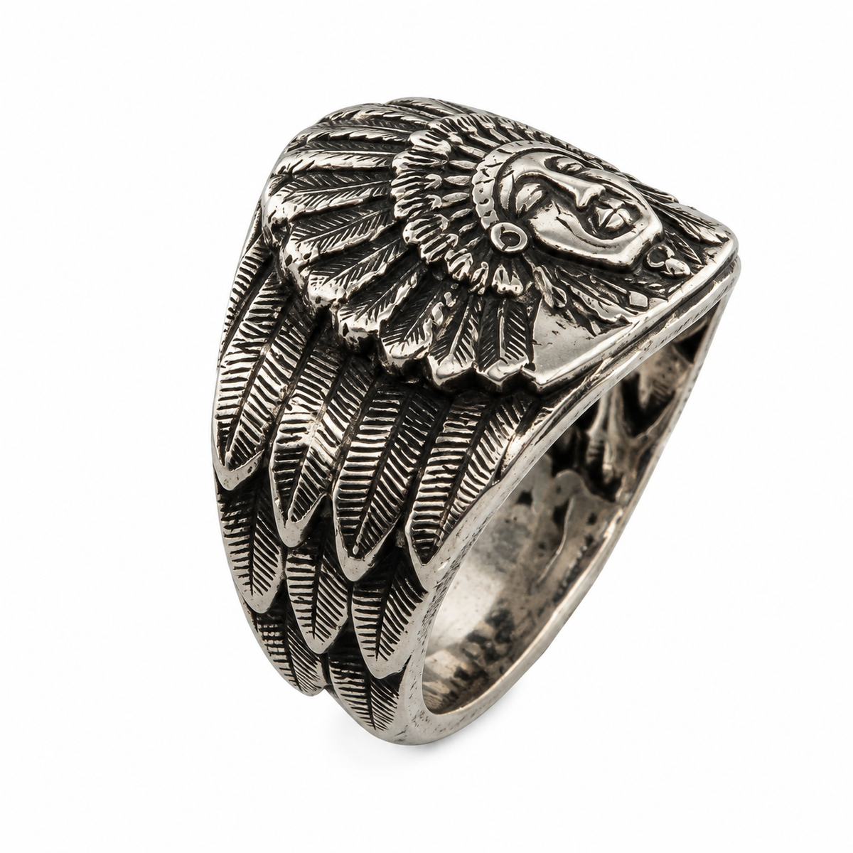 Sterling silver Bohlin Chief Red Wolf Ring shown at a three-quarter angle with detailed feather work and antiquing.