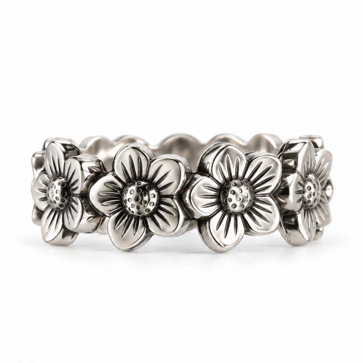 Front view of Bohlin Flower Crown Ring in sterling silver with repeating raised flowers