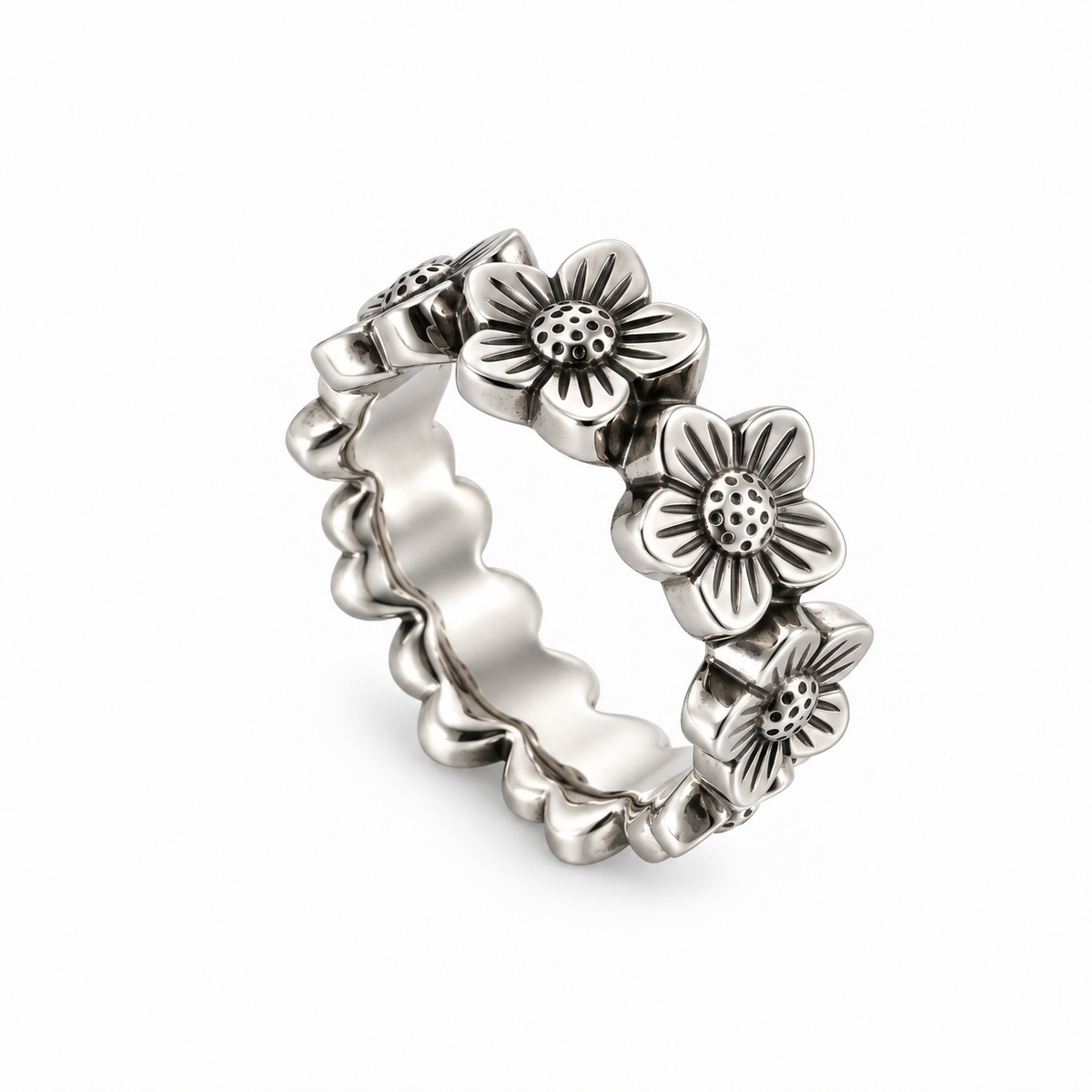 Bohlin Flower Crown Ring in sterling silver with repeating forget-me-not flower design