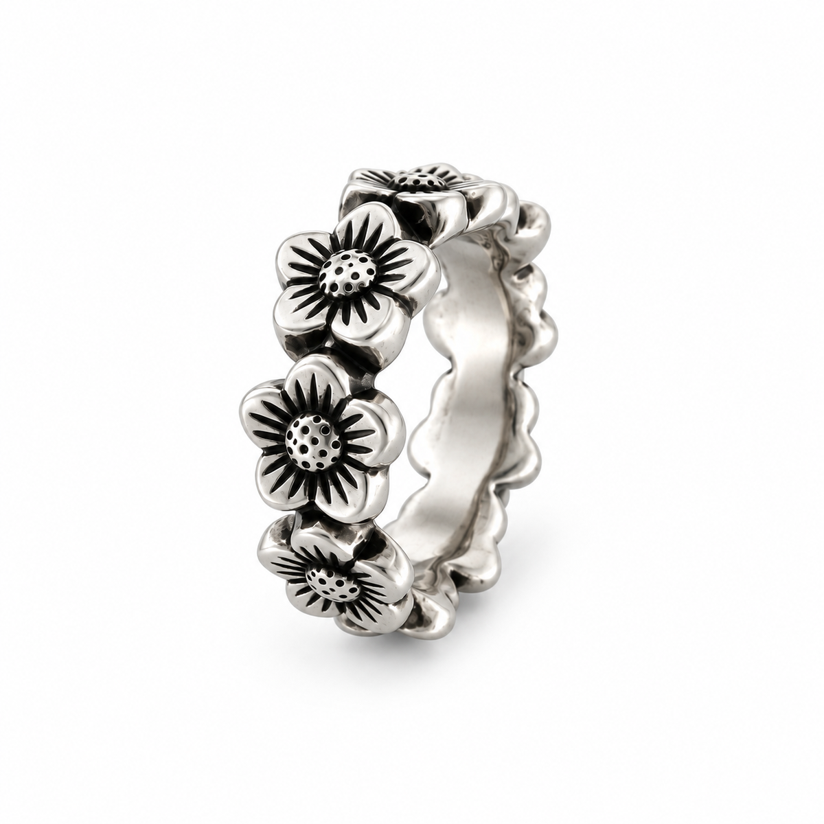 Three-quarter view of Bohlin sterling silver Flower Crown Ring showing the continuous floral band