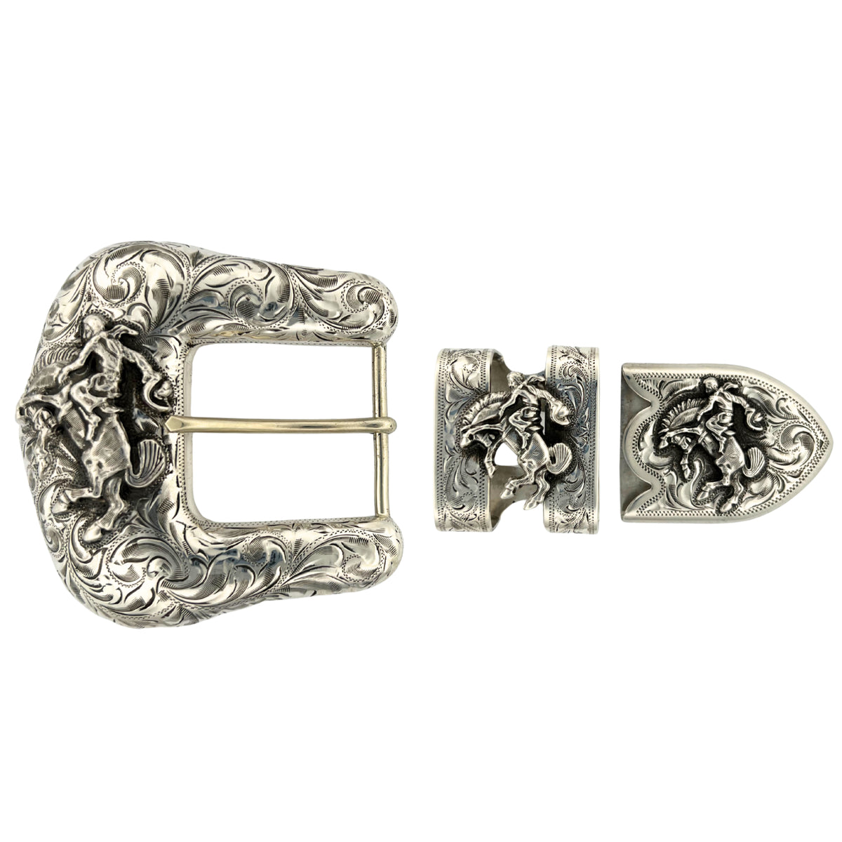 Sterling silver Hank Williams Jr. Bucking Horse Ranger Set with rodeo engraving and raised bucking horse figures on the buckle, keeper, and tip.