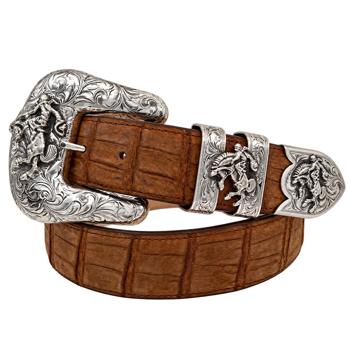 Sterling silver Hank Williams Jr. Bucking Horse Ranger Set mounted on a coiled brown leather belt, showing the engraved buckle, keeper, and tip.