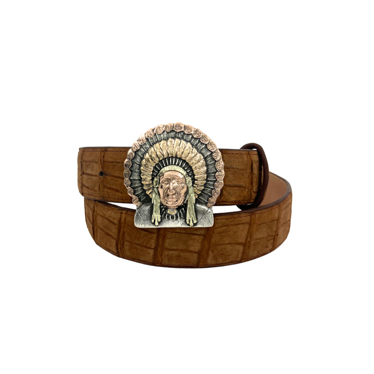 Bohlin The Chief three-color gold buckle displayed on a Western leather belt, featuring the historic Chief Red Wolf portrait and detailed gold headdress.